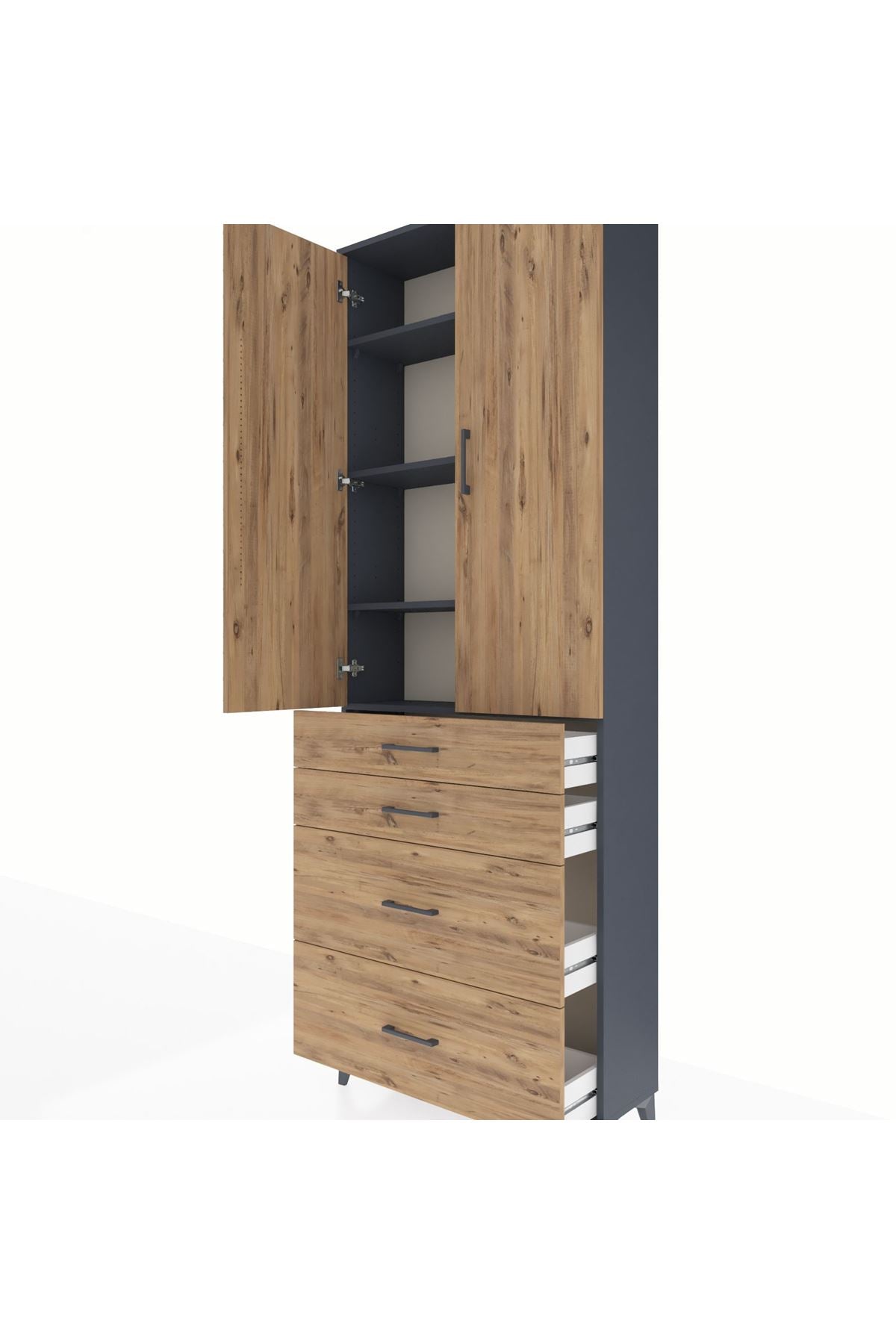 Arges Dolap 4 Raflı 4 Çekmeceli 2 Kapaklı 88x30x243 Antrasit-Çam