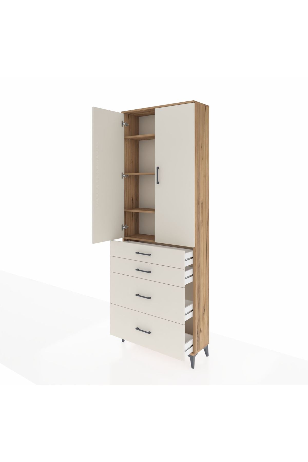 Arges Dolap 4 Raflı 4 Çekmeceli 2 Kapaklı 88x30x243 Çam-Aytaşı