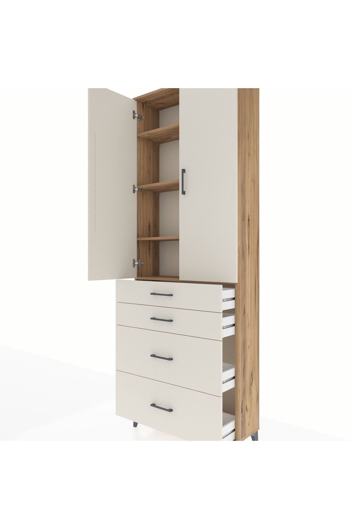 Arges Dolap 4 Raflı 4 Çekmeceli 2 Kapaklı 88x30x243 Çam-Aytaşı