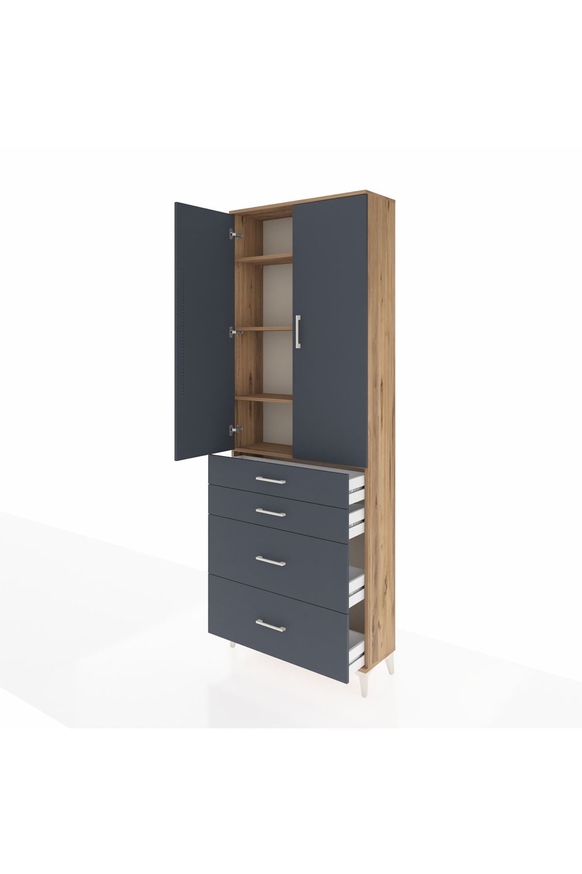 Arges Dolap 4 Raflı 4 Çekmeceli 2 Kapaklı 88x30x243 Çam-Antrasit