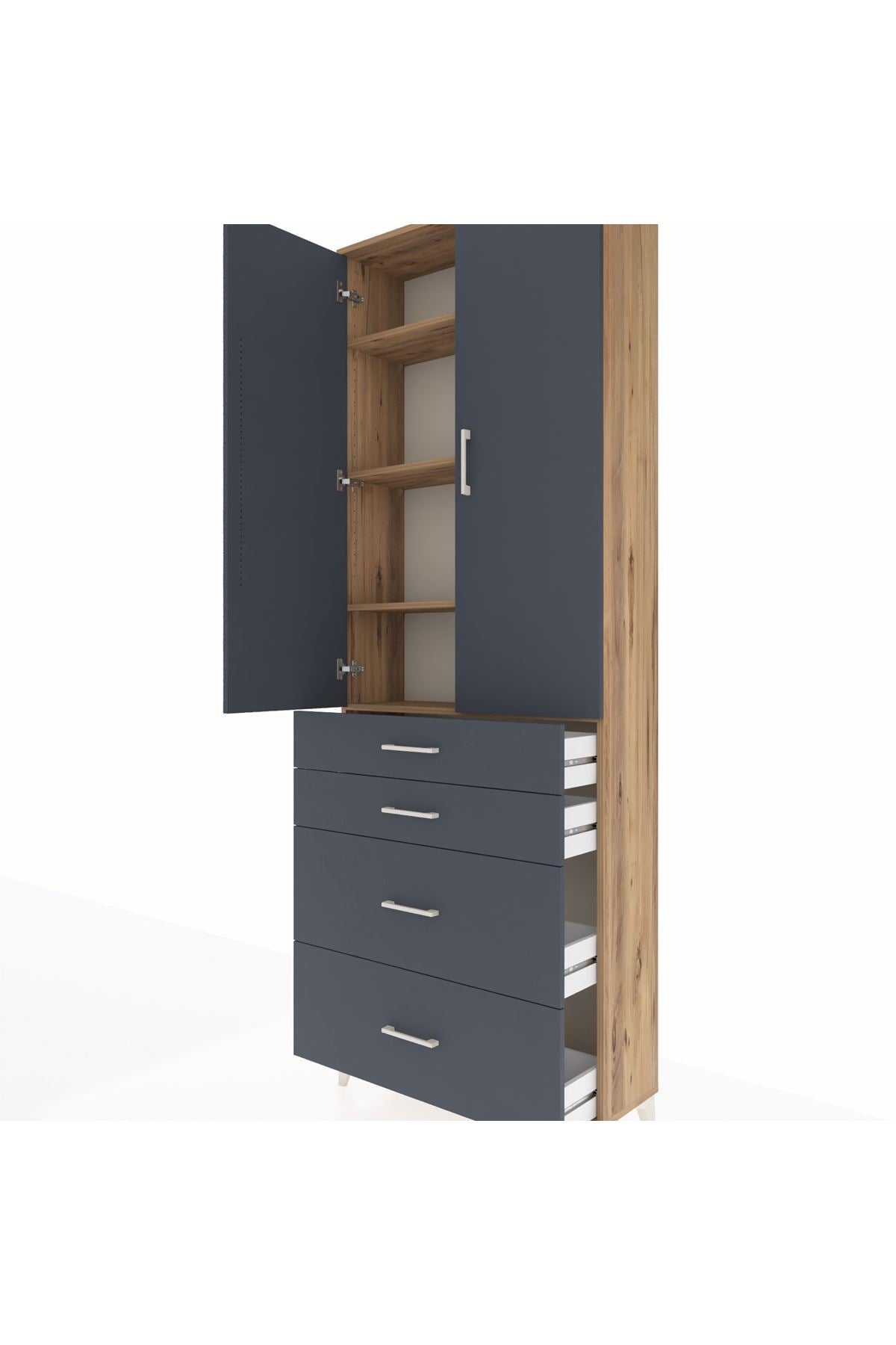 Arges Dolap 4 Raflı 4 Çekmeceli 2 Kapaklı 88x30x243 Çam-Antrasit