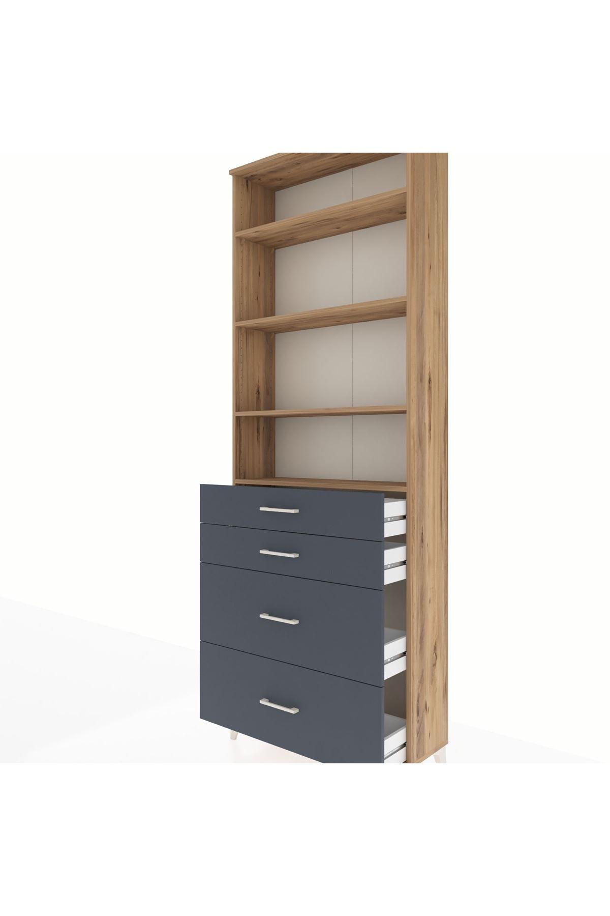 Arges Dolap 4 Raflı 4 Çekmeceli 88x30x243 Çam-Antrasit
