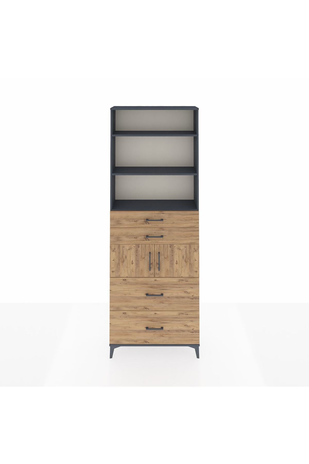 Arges Dolap 4 Raflı 4 Çekmeceli 2 Kapaklı 88x30x243 Antrasit-Çam