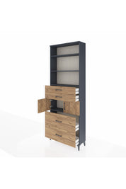 Arges Dolap 4 Raflı 4 Çekmeceli 2 Kapaklı 88x30x243 Antrasit-Çam