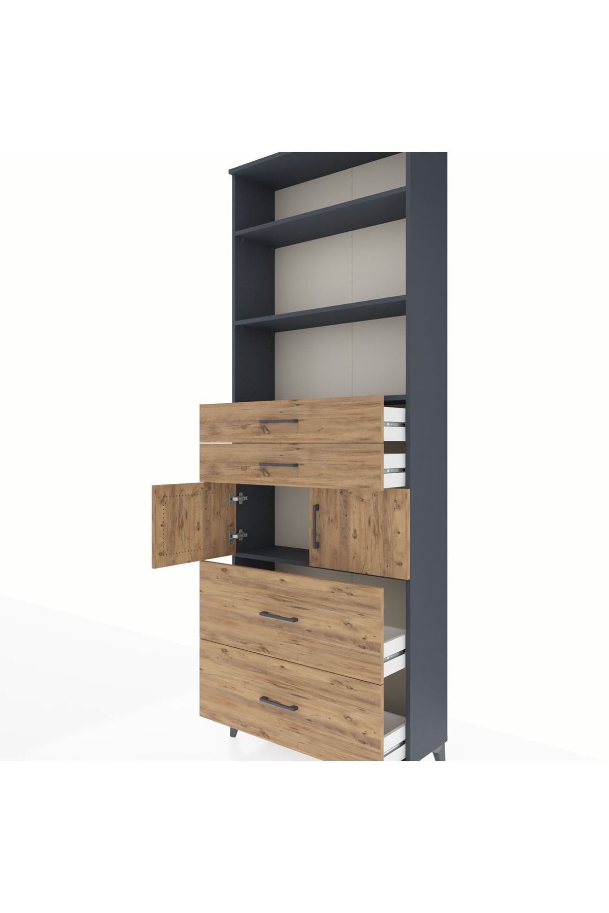 Arges Dolap 4 Raflı 4 Çekmeceli 2 Kapaklı 88x30x243 Antrasit-Çam