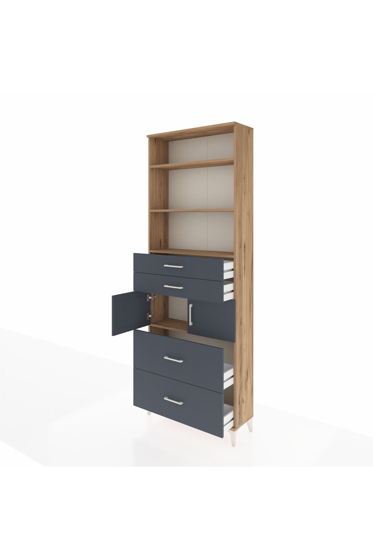 Arges Dolap 4 Raflı 4 Çekmeceli 2 Kapaklı 88x30x243 Çam-Antrasit