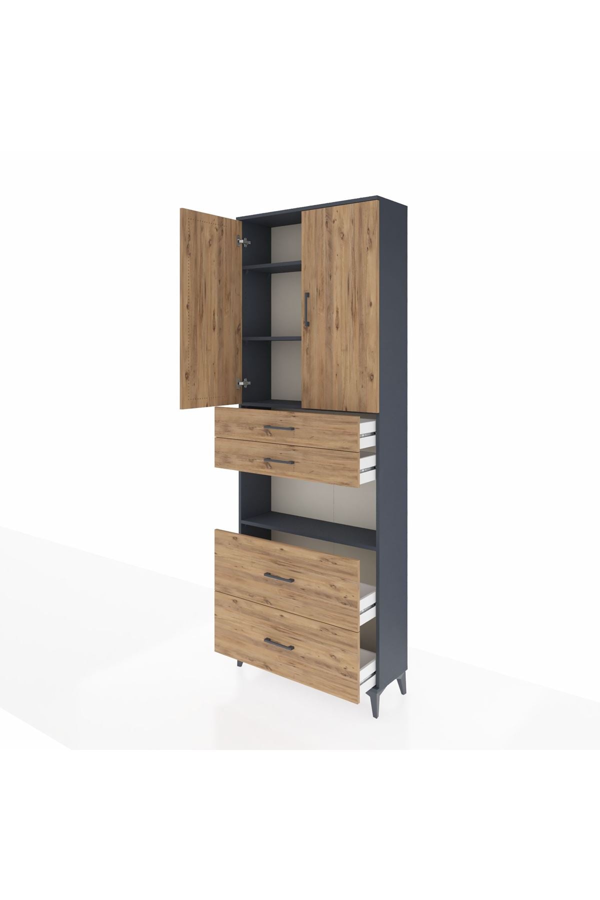 Arges Dolap 4 Raflı 4 Çekmeceli 2 Kapaklı 88x30x243 Antrasit-Çam