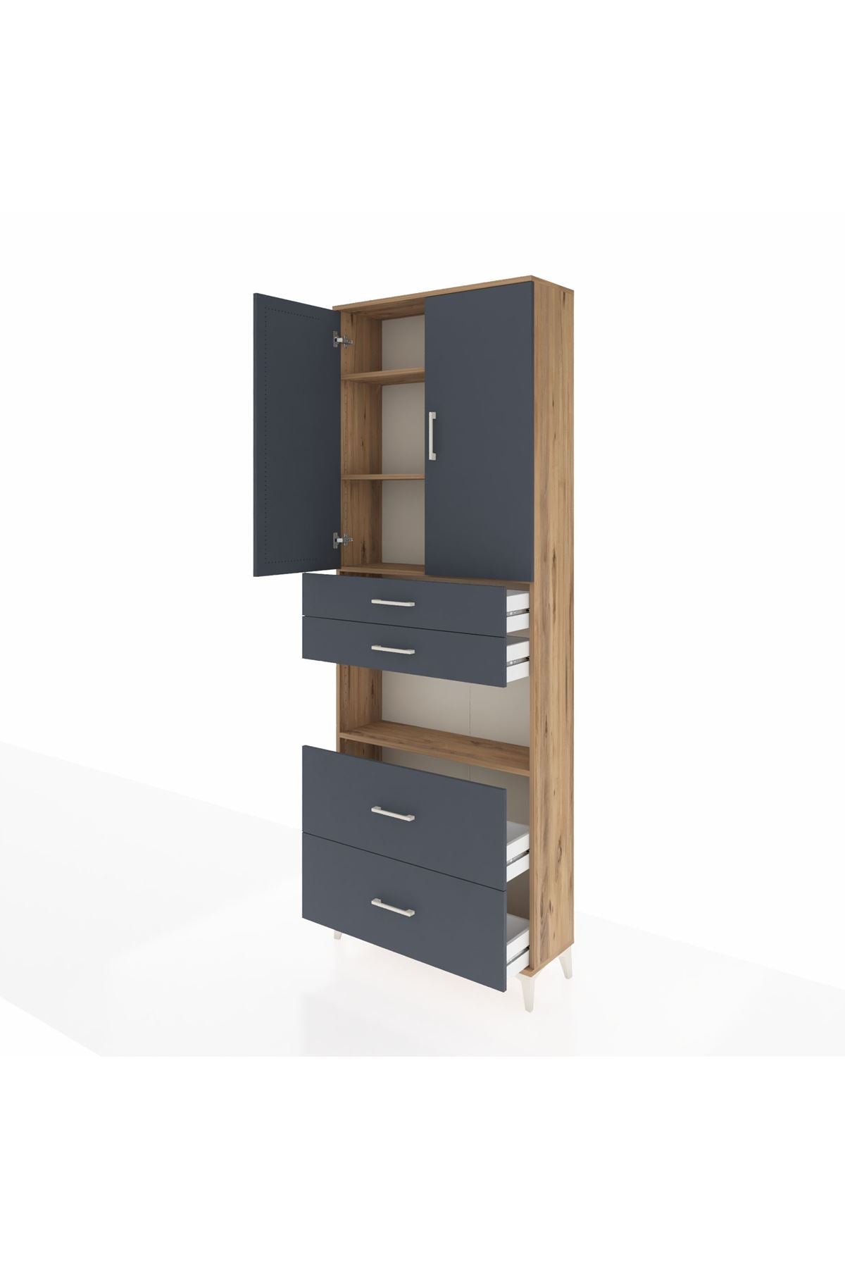 Arges Dolap 4 Raflı 4 Çekmeceli 2 Kapaklı 88x30x243 Çam-Antrasit