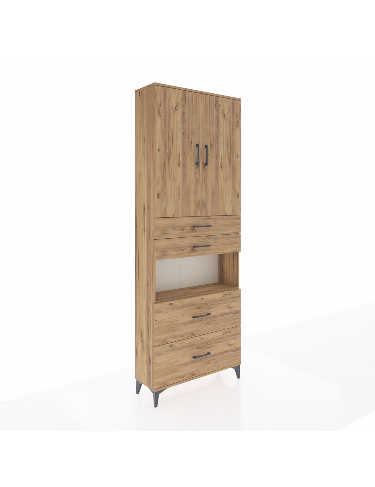 Arges Dolap 4 Raflı 4 Çekmeceli 2 Kapaklı 88x30x243 Çam-Çam