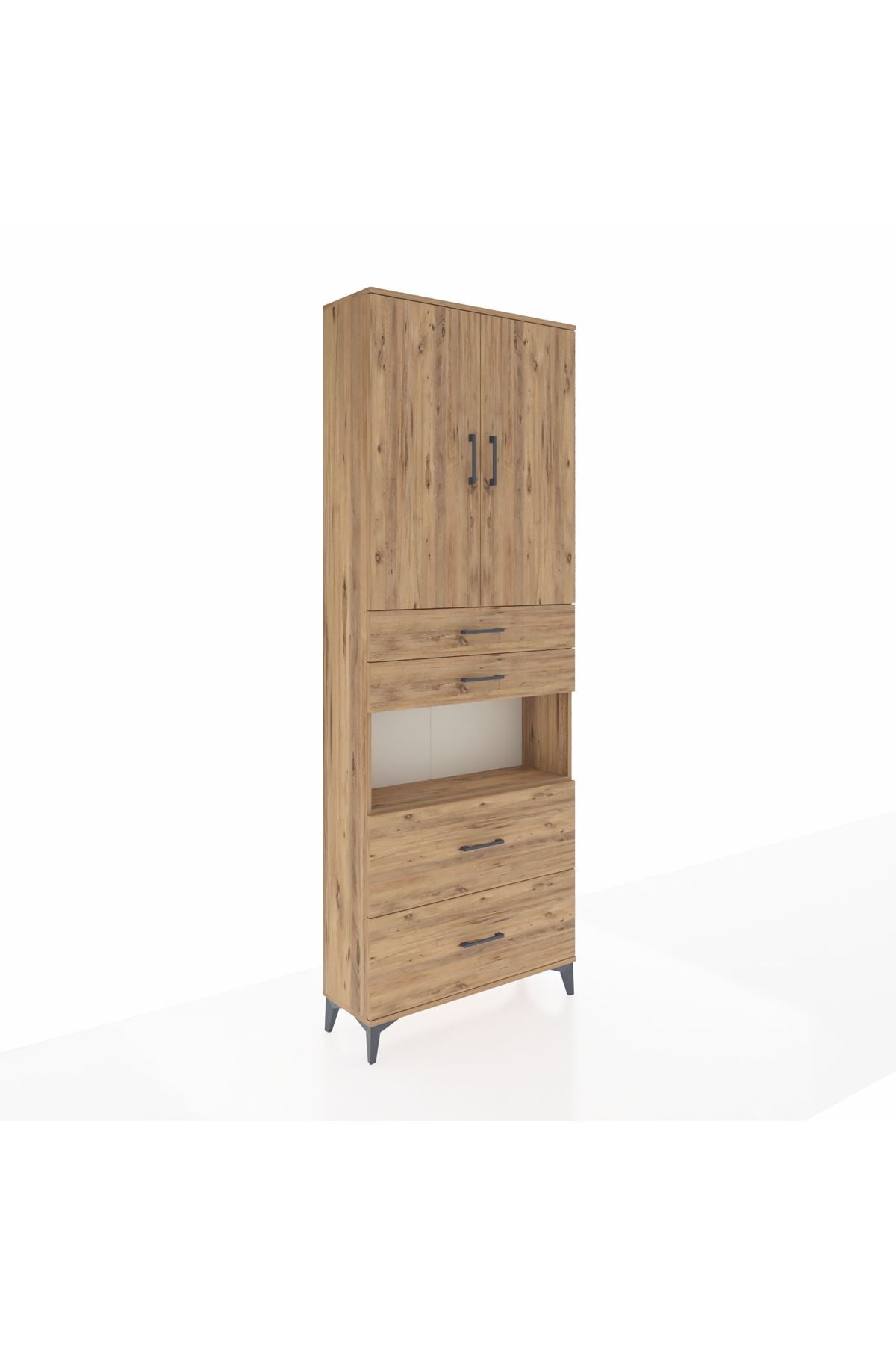 Arges Dolap 4 Raflı 4 Çekmeceli 2 Kapaklı 88x30x243 Çam-Çam