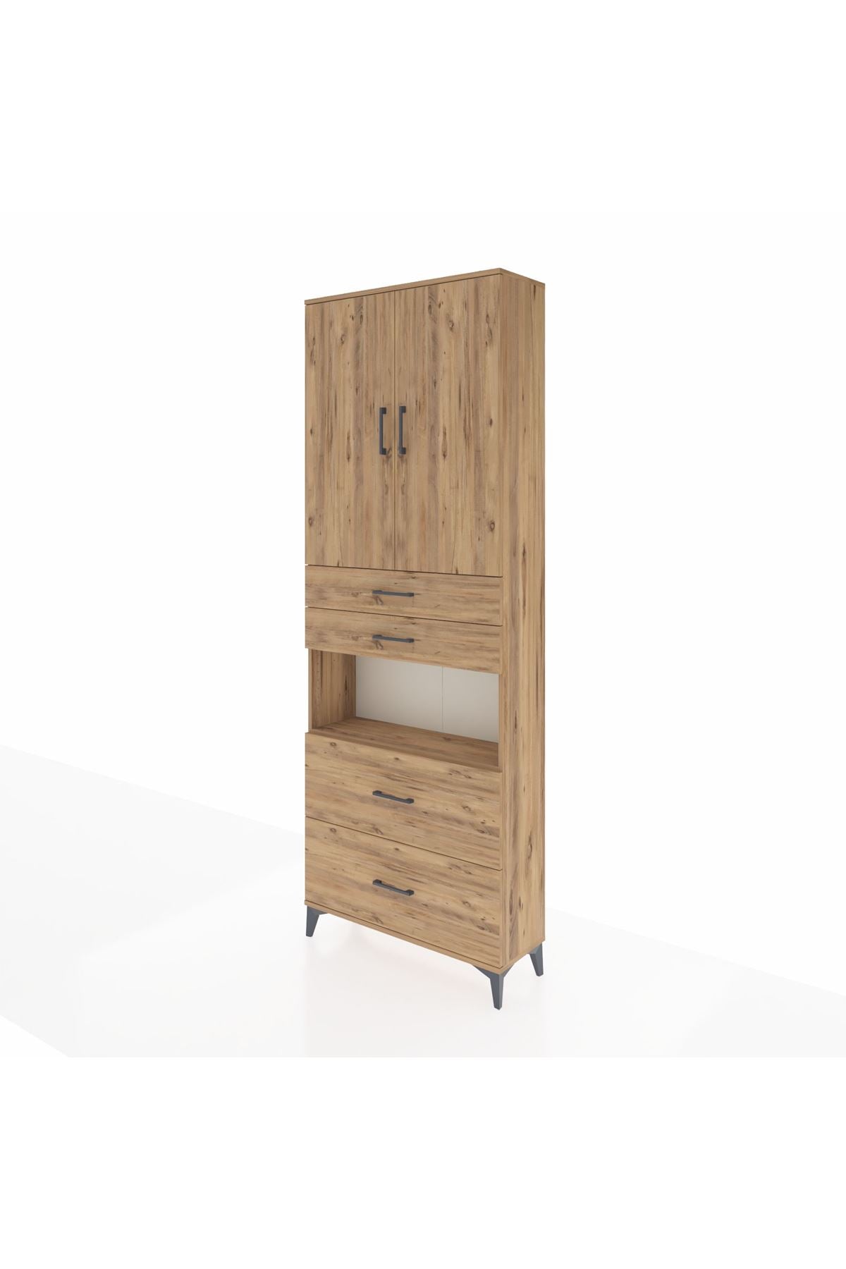 Arges Dolap 4 Raflı 4 Çekmeceli 2 Kapaklı 88x30x243 Çam-Çam