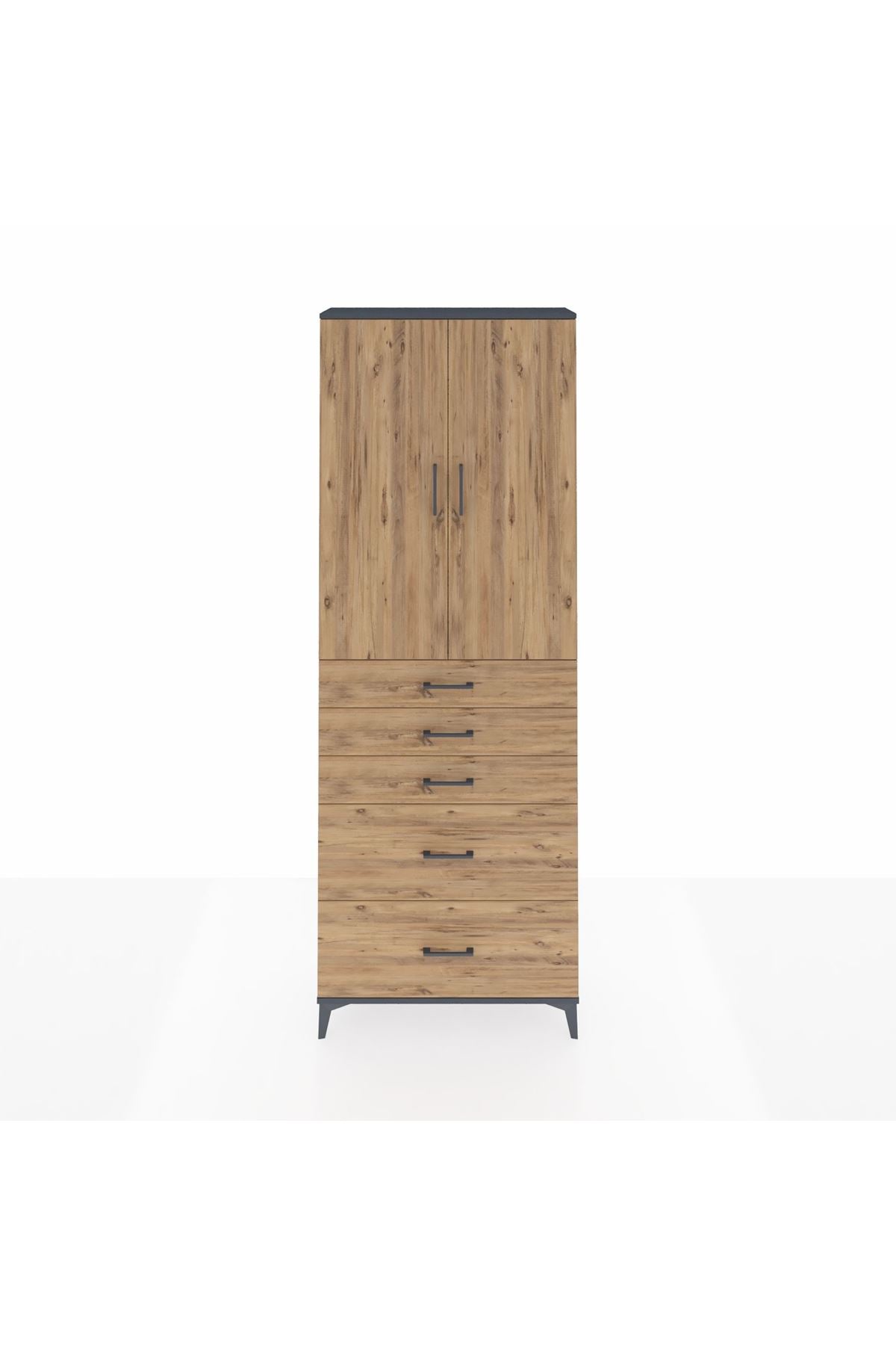 Arges Dolap 3 Raflı 5 Çekmeceli 2 Kapaklı 88x30x243 Antrasit-Çam