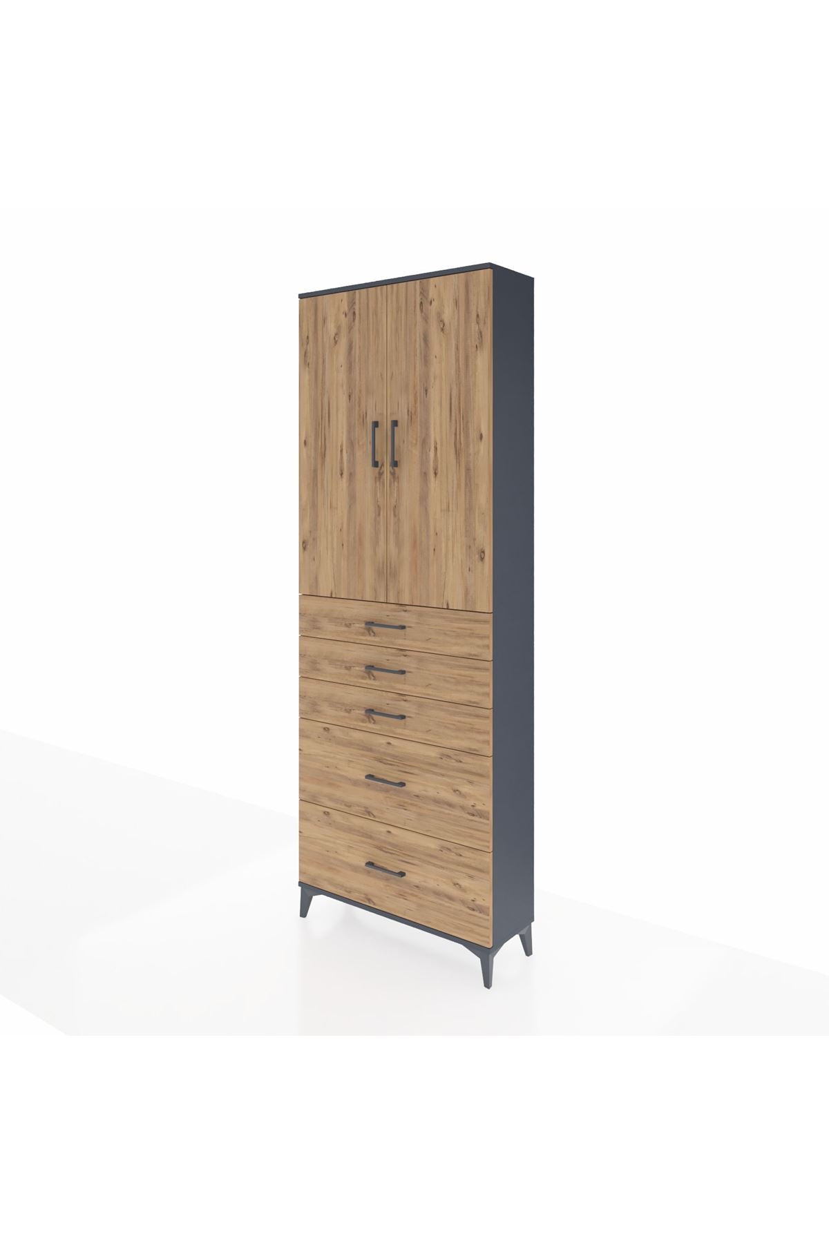 Arges Dolap 3 Raflı 5 Çekmeceli 2 Kapaklı 88x30x243 Antrasit-Çam