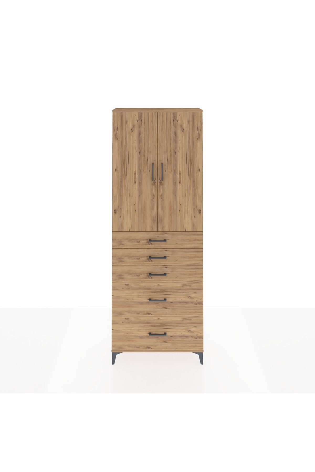 Arges Dolap 3 Raflı 5 Çekmeceli 2 Kapaklı 88x30x243 Çam-Çam