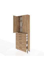 Arges Dolap 3 Raflı 5 Çekmeceli 2 Kapaklı 88x30x243 Çam-Çam