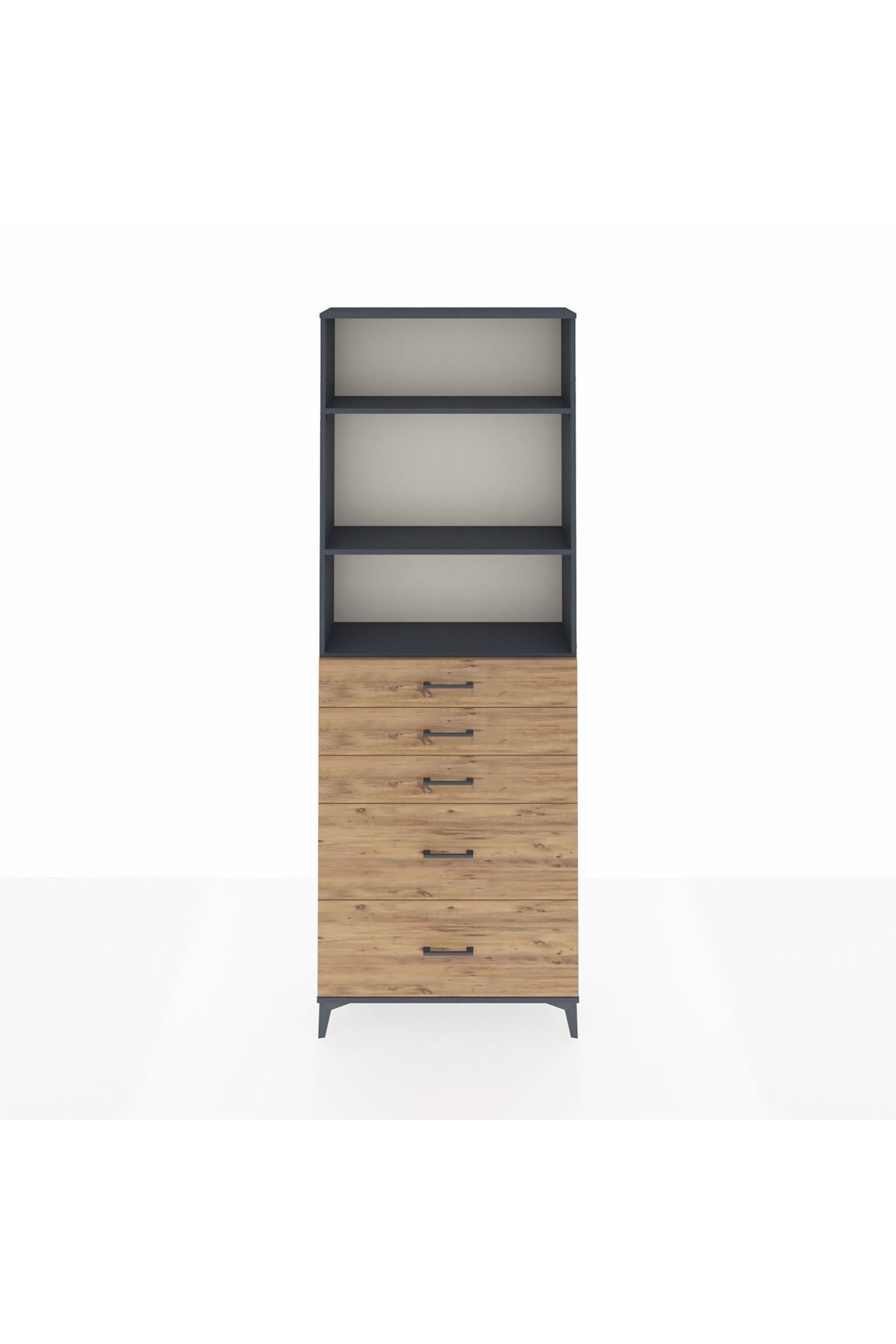 Arges Dolap 3 Raflı 5 Çekmeceli 88x30x243 Antrasit-Çam