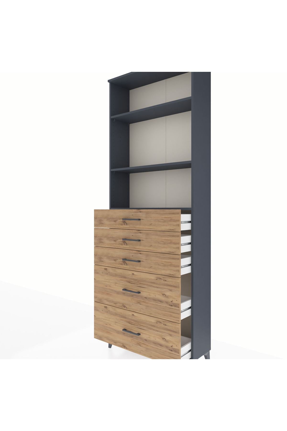 Arges Dolap 3 Raflı 5 Çekmeceli 88x30x243 Antrasit-Çam