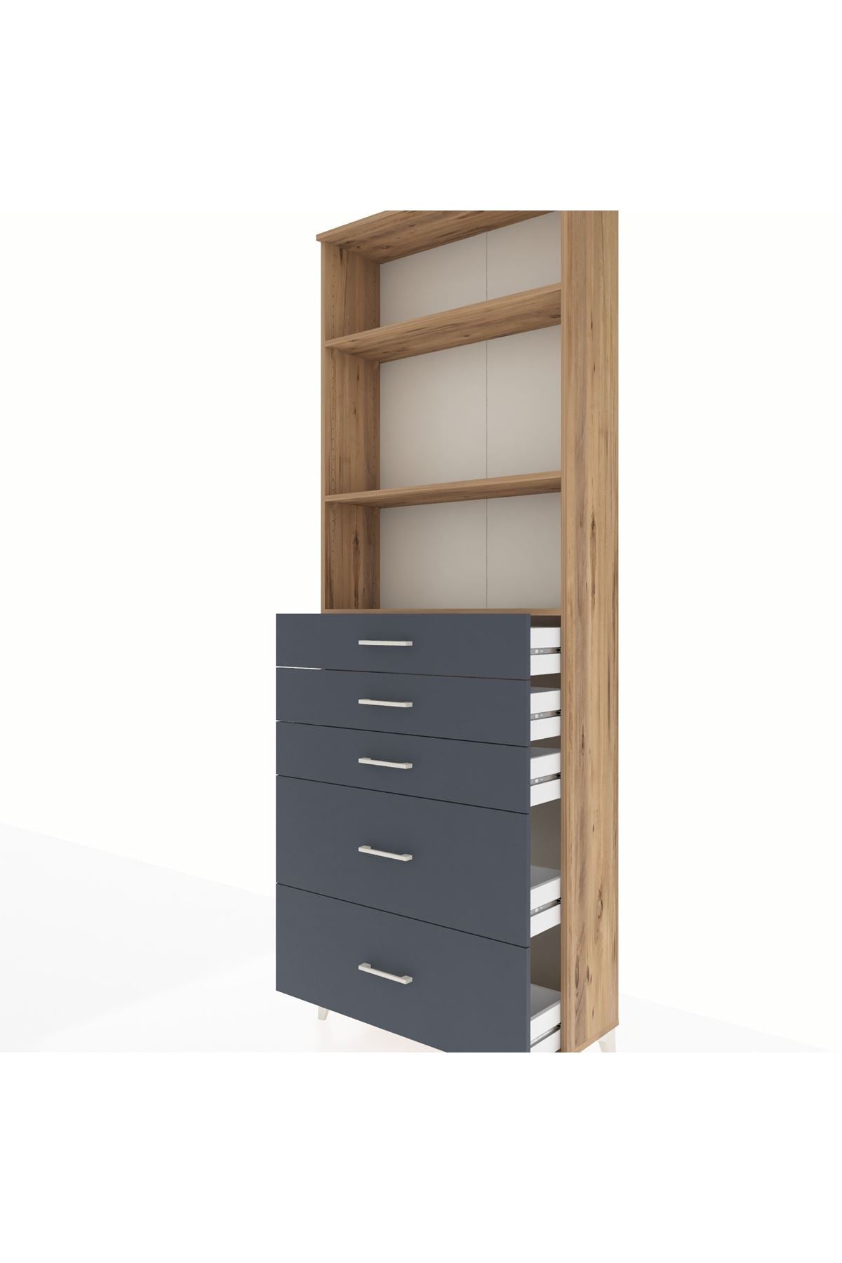 Arges Dolap 3 Raflı 5 Çekmeceli 88x30x243 Çam-Antrasit