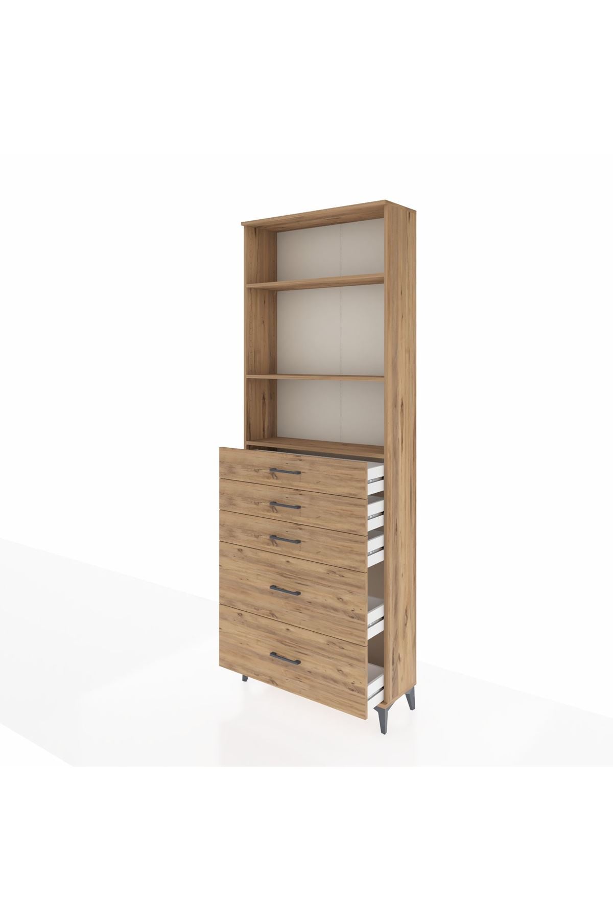 Arges Dolap 3 Raflı 5 Çekmeceli 88x30x243 Çam-Çam