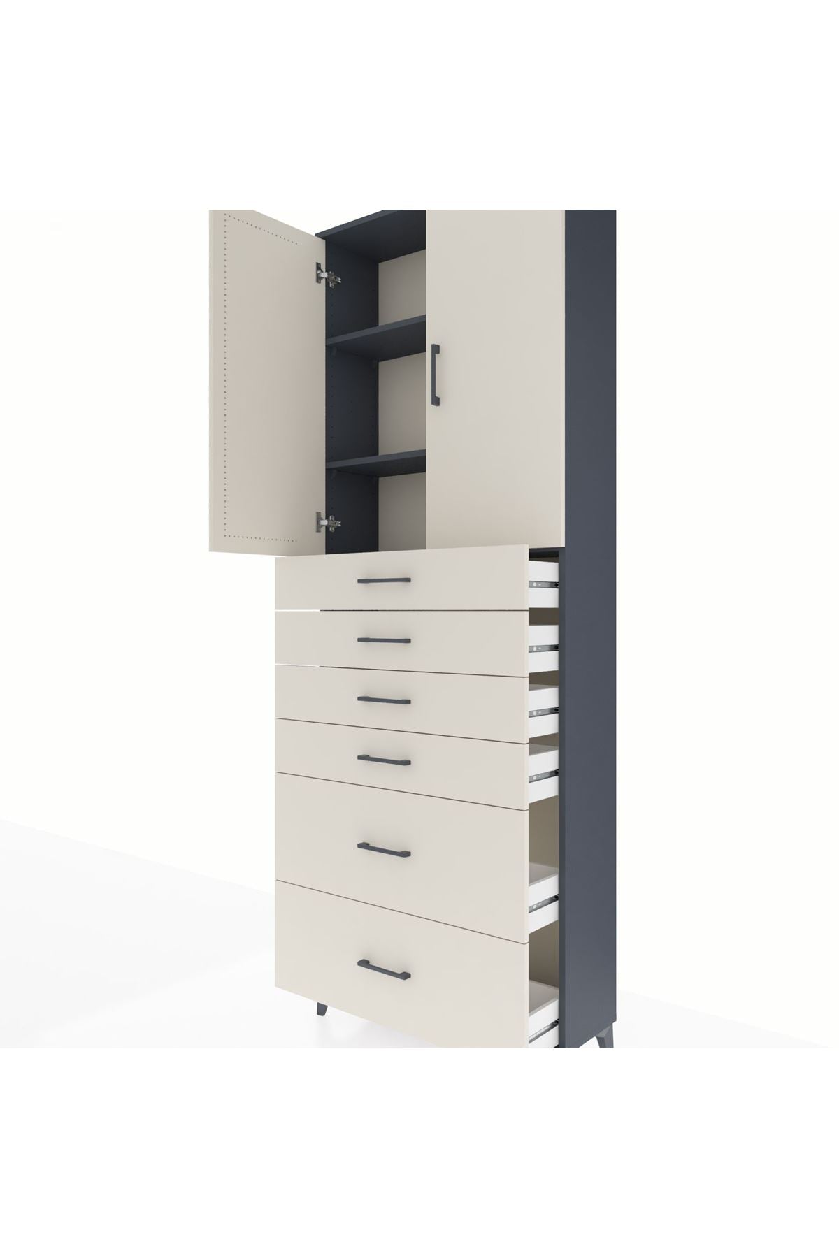 Arges Dolap 3 Raflı 6 Çekmeceli 2 Kapaklı 88x30x243 Antrasit-Aytaşı