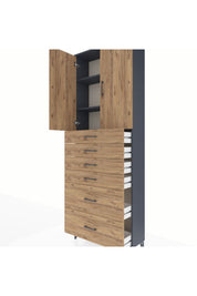 Arges Dolap 3 Raflı 6 Çekmeceli 2 Kapaklı 88x30x243 Antrasit-Çam