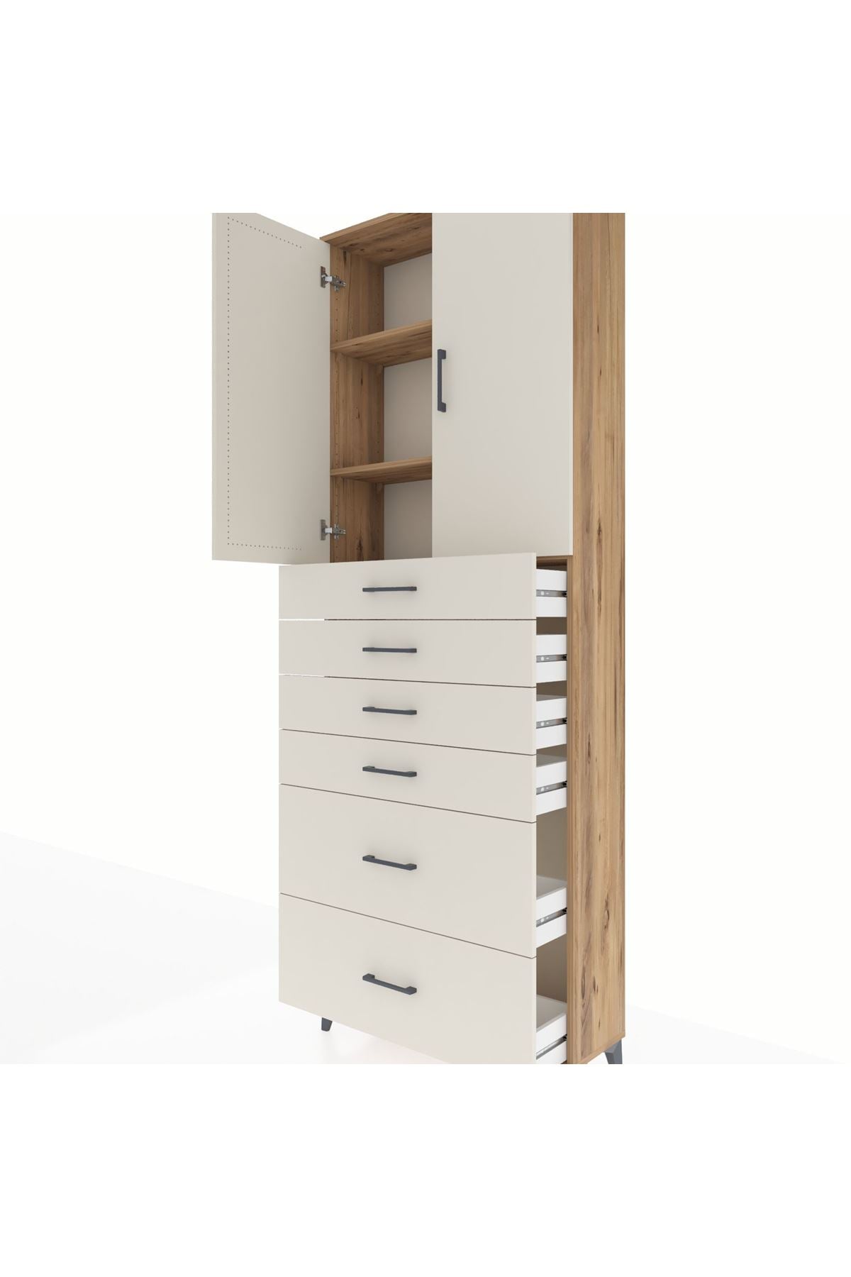 Arges Dolap 3 Raflı 6 Çekmeceli 2 Kapaklı 88x30x243 Çam-Aytaşı