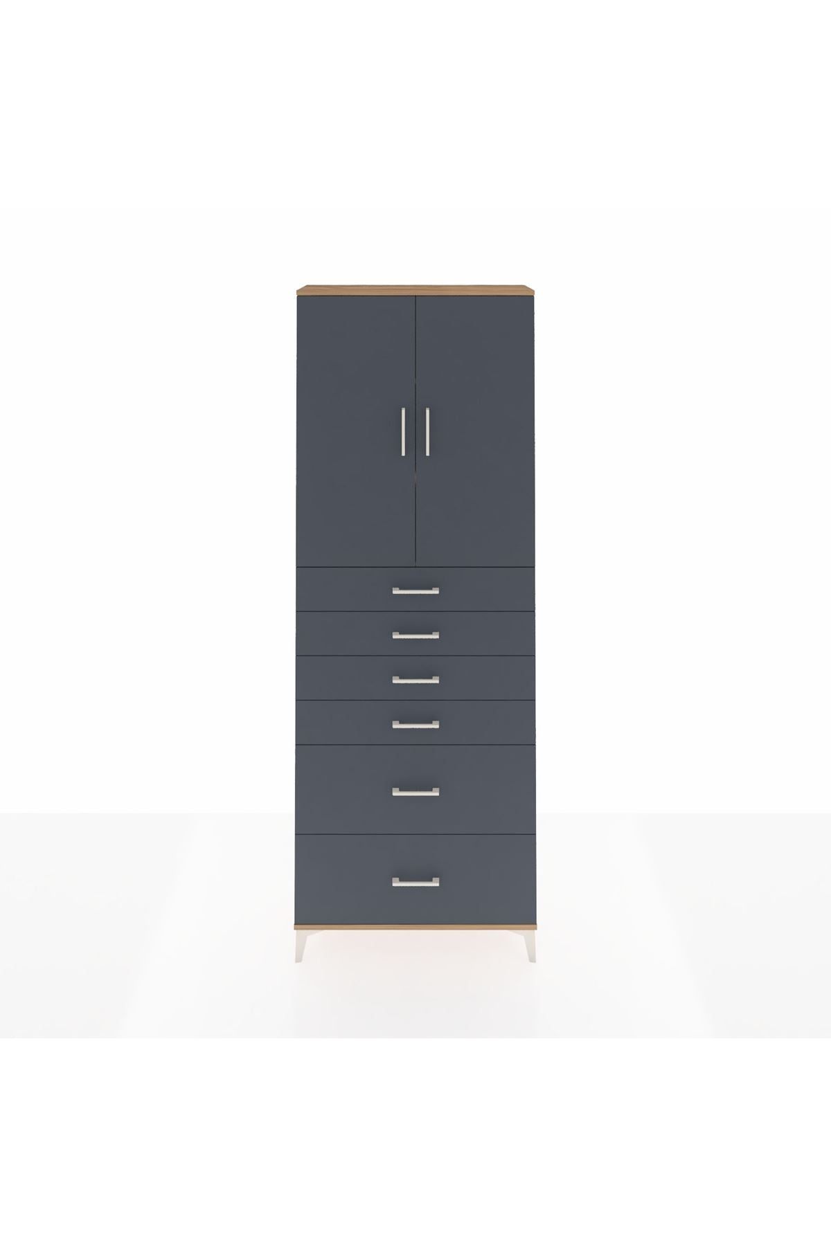 Arges Dolap 3 Raflı 6 Çekmeceli 2 Kapaklı 88x30x243 Çam-Antrasit