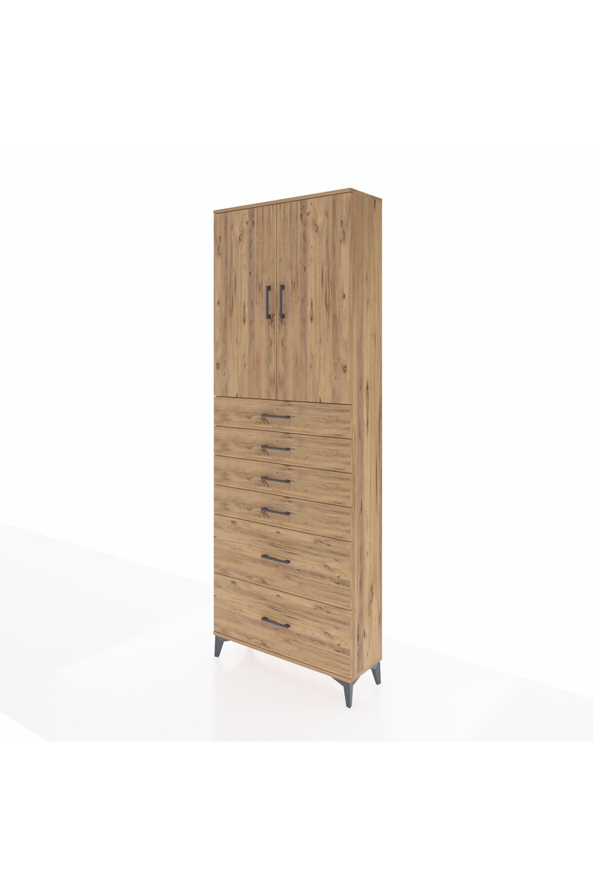 Arges Dolap 3 Raflı 6 Çekmeceli 2 Kapaklı 88x30x243 Çam-Çam