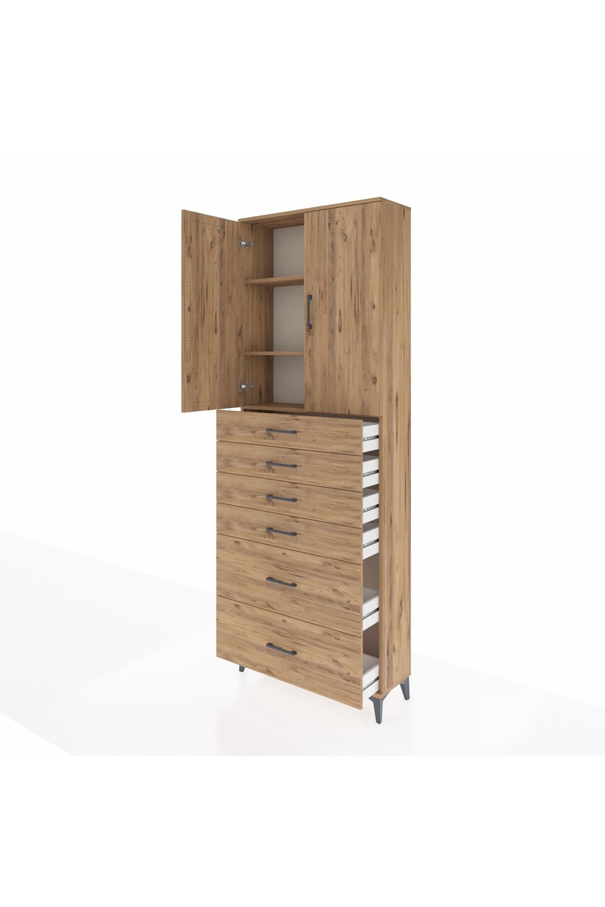 Arges Dolap 3 Raflı 6 Çekmeceli 2 Kapaklı 88x30x243 Çam-Çam