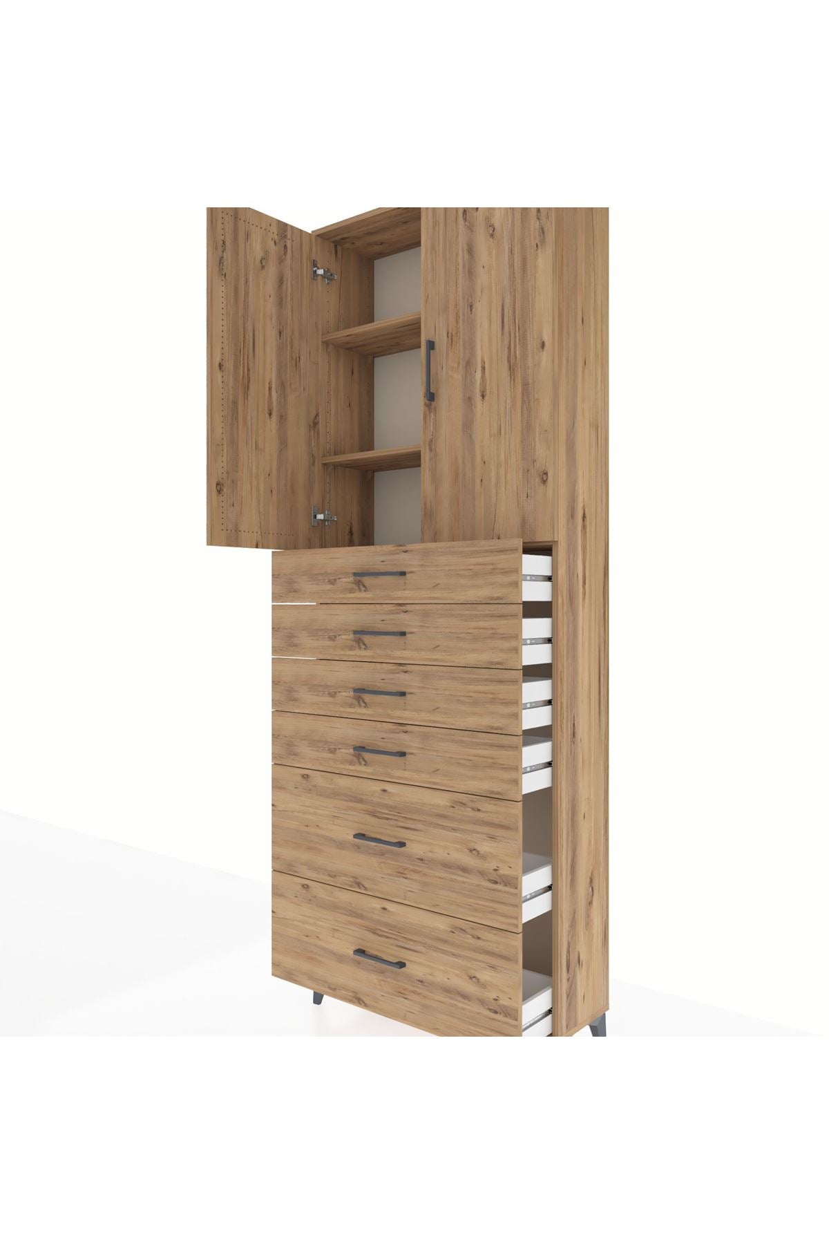 Arges Dolap 3 Raflı 6 Çekmeceli 2 Kapaklı 88x30x243 Çam-Çam