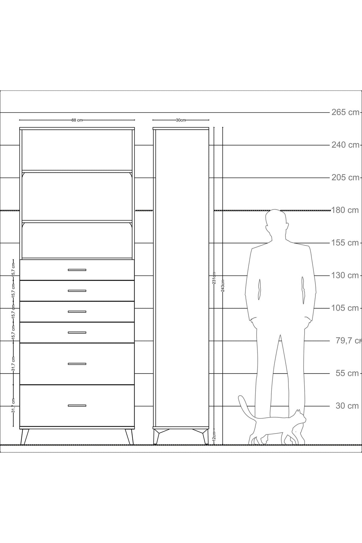 Arges Dolap 3 Raflı 6 Çekmeceli 88x30x243 Antrasit-Çam