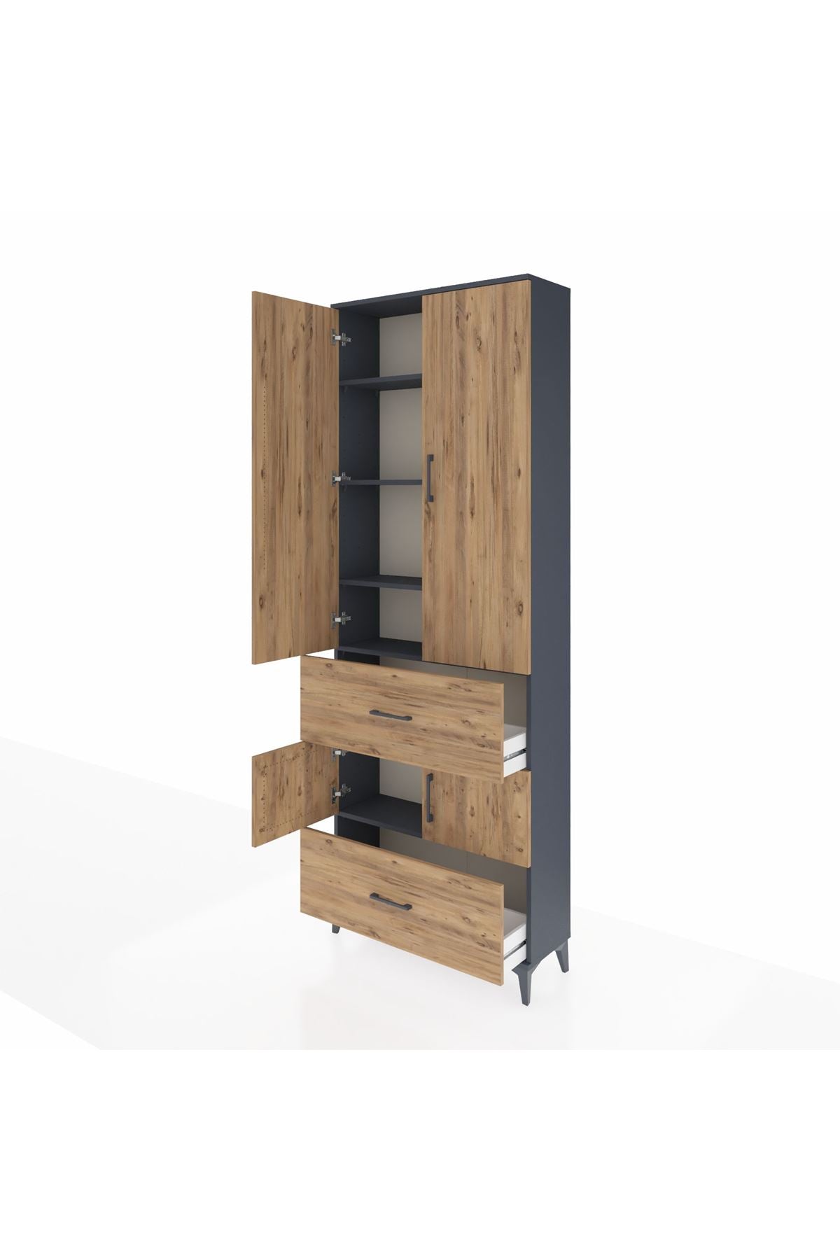 Arges Dolap 5 Raflı 2 Çekmeceli 4 Kapaklı 88x30x243 Antrasit-Çam