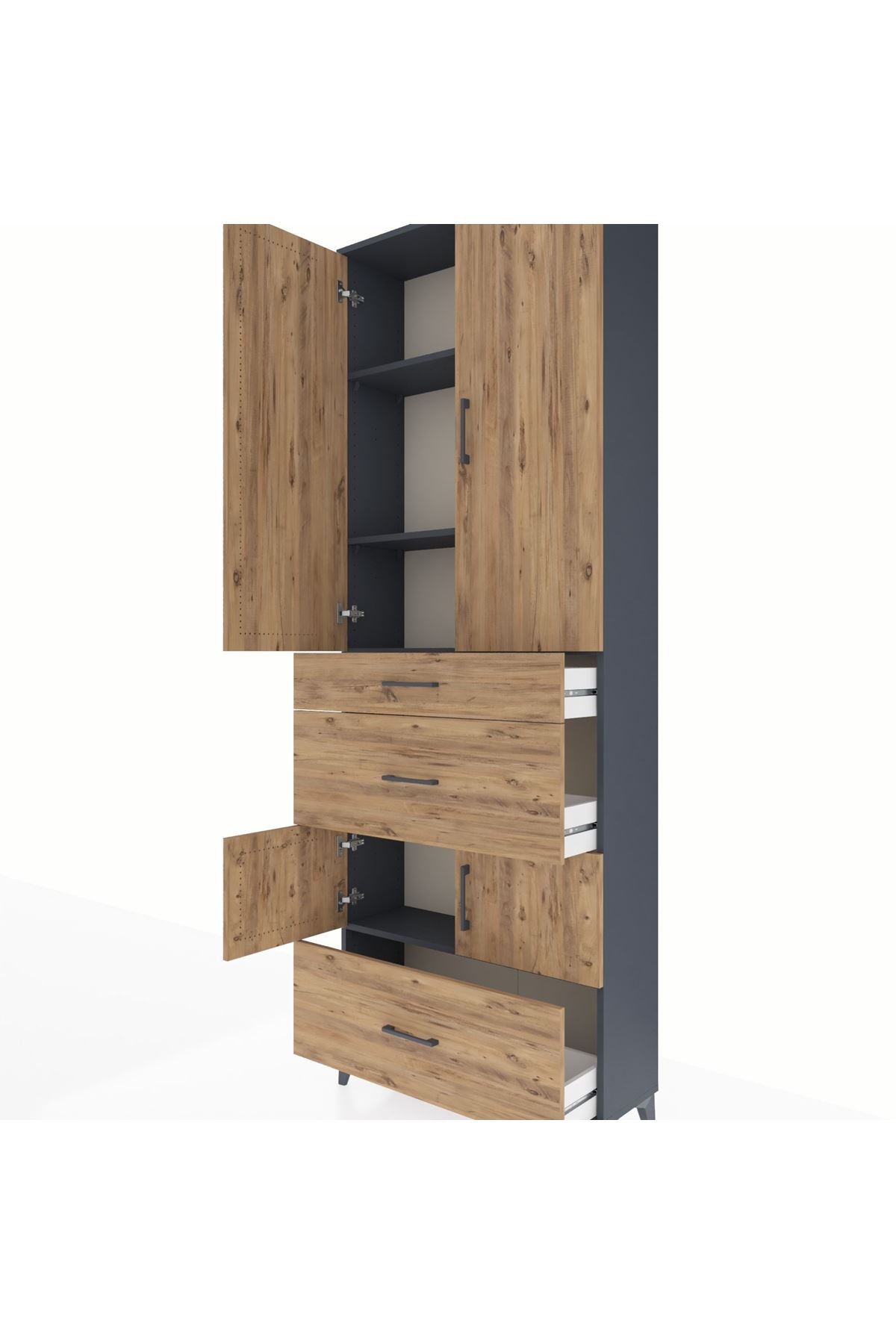 Arges Dolap 4 Raflı 3 Çekmeceli 4 Kapaklı 88x30x243 Antrasit-Çam