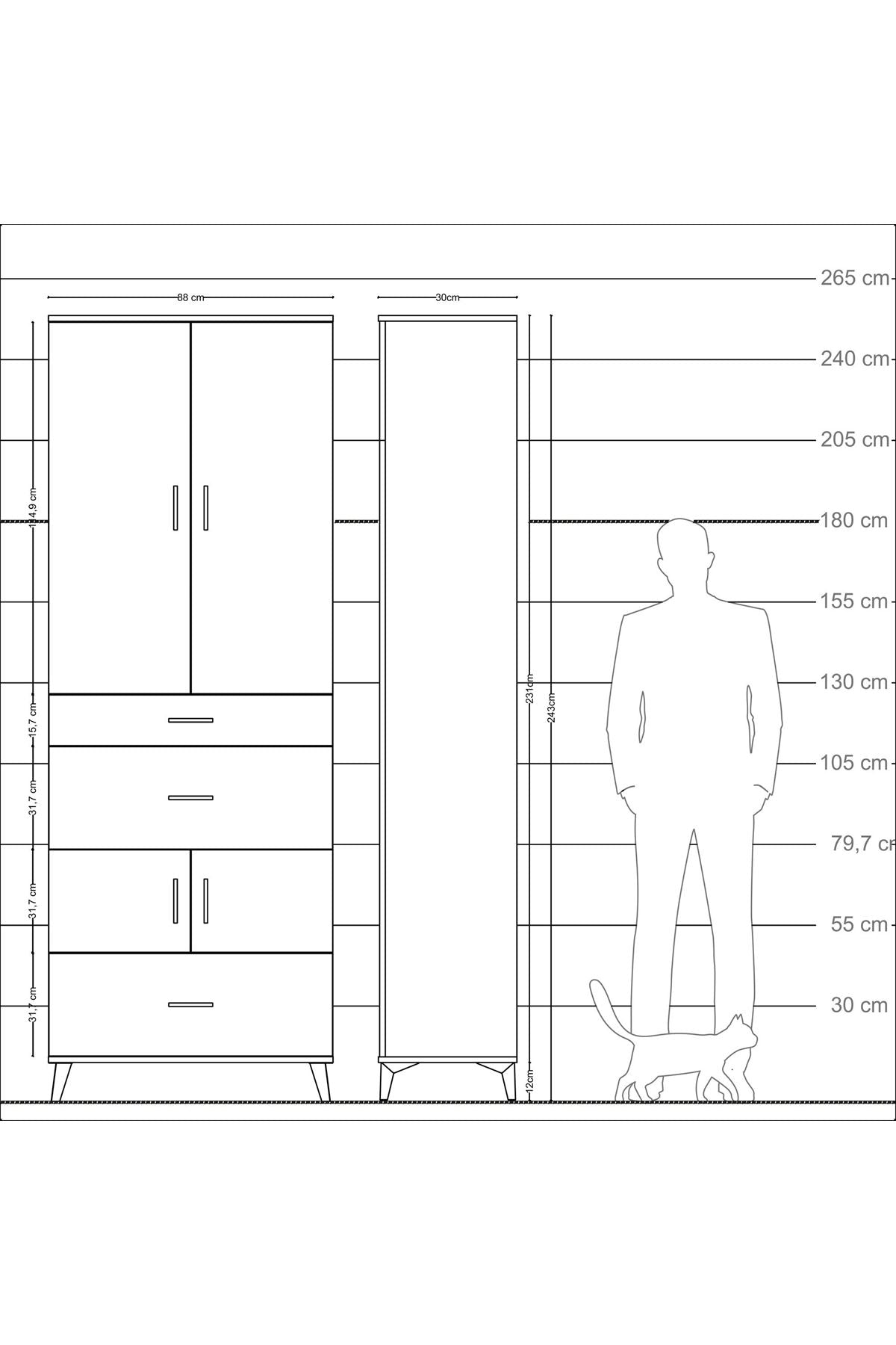 Arges Dolap 4 Raflı 3 Çekmeceli 4 Kapaklı 88x30x243 Antrasit-Çam