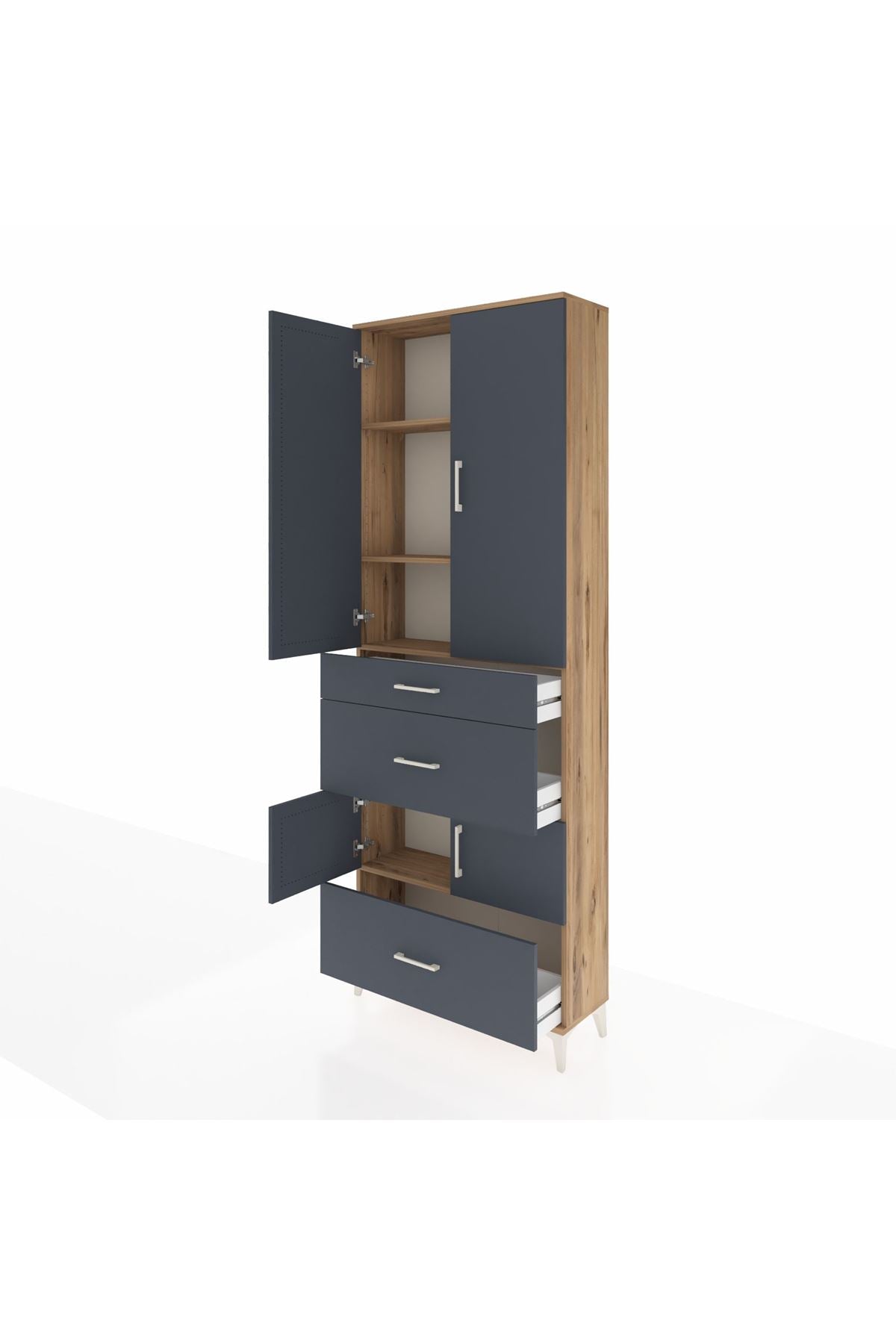 Arges Dolap 4 Raflı 3 Çekmeceli 4 Kapaklı 88x30x243 Çam-Antrasit