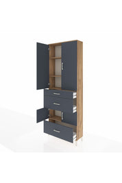 Arges Dolap 4 Raflı 3 Çekmeceli 4 Kapaklı 88x30x243 Çam-Antrasit