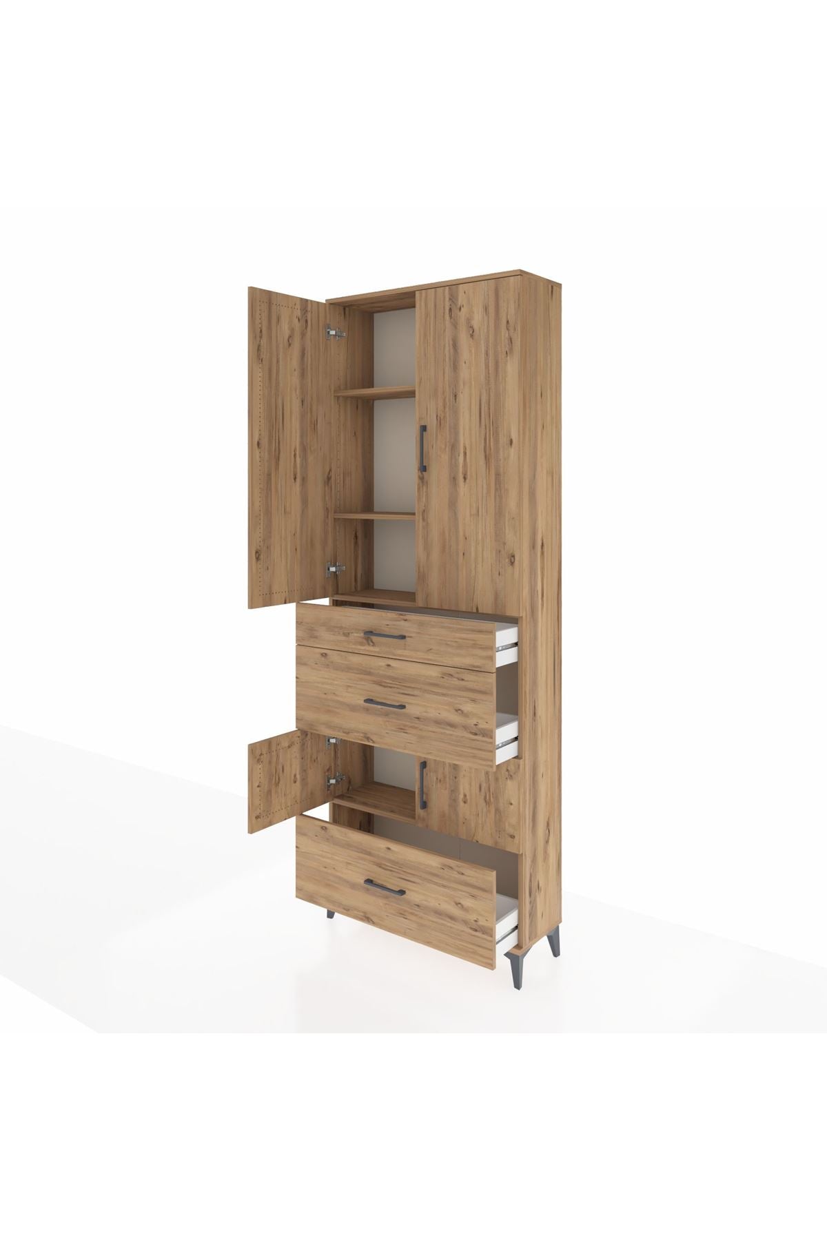 Arges Dolap 4 Raflı 3 Çekmeceli 4 Kapaklı 88x30x243 Çam-Çam