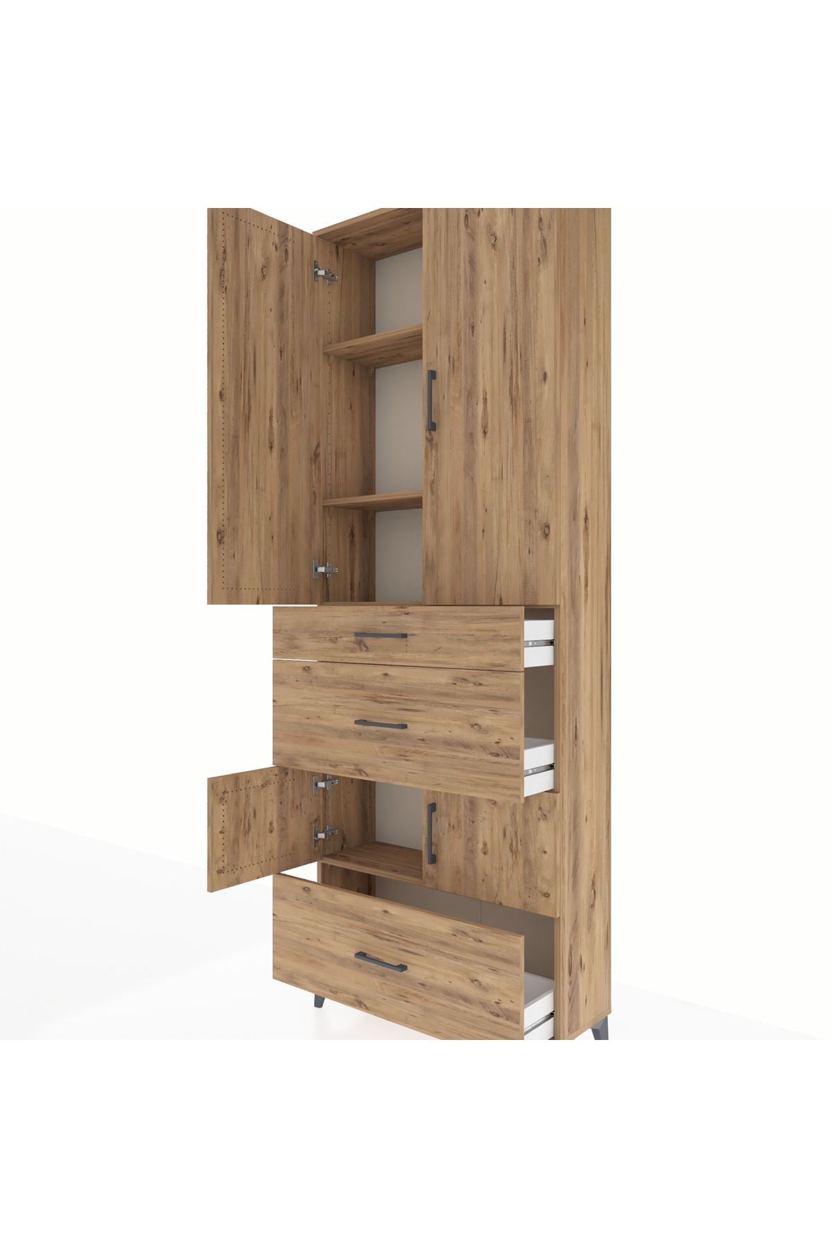 Arges Dolap 4 Raflı 3 Çekmeceli 4 Kapaklı 88x30x243 Çam-Çam