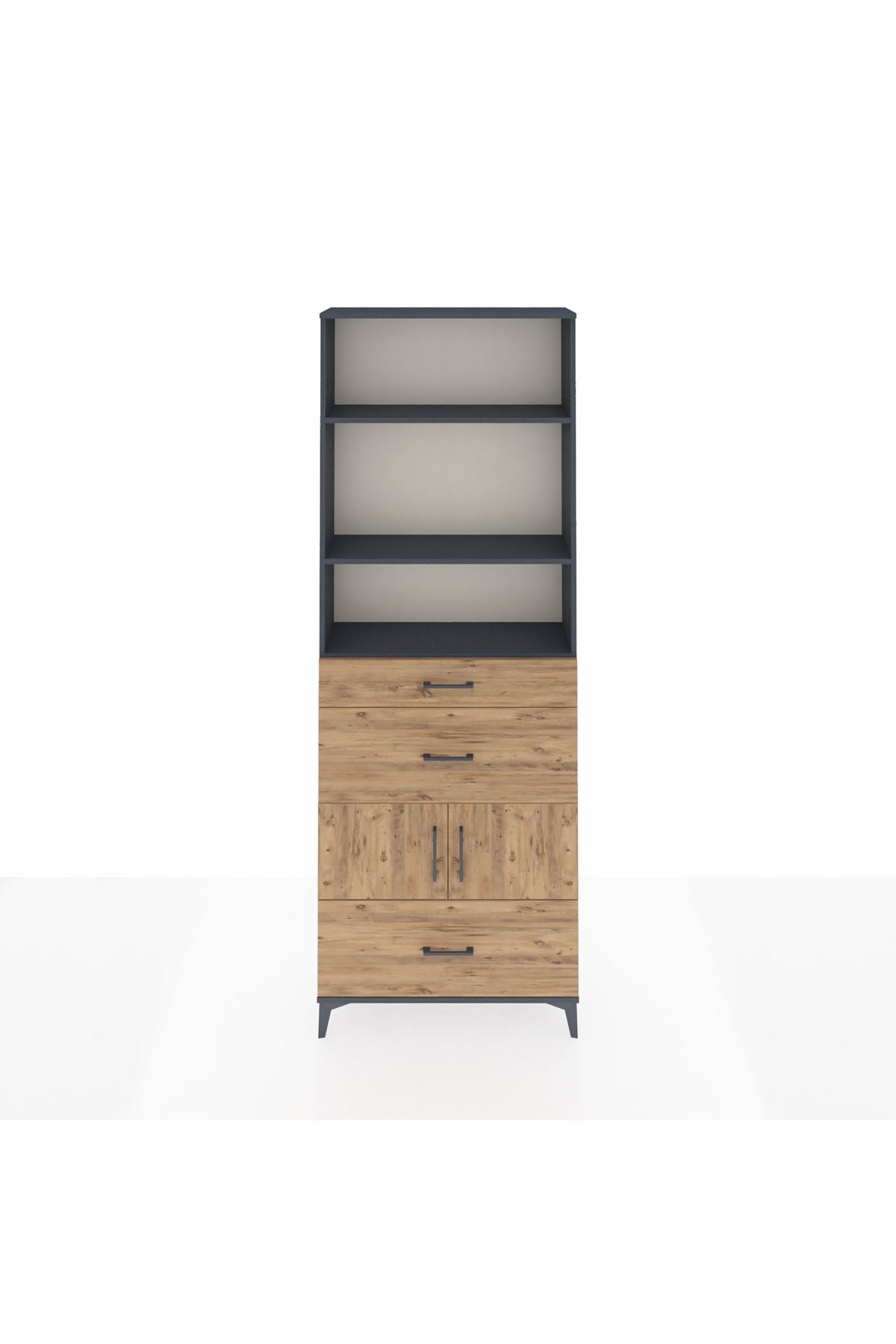 Arges Dolap 4 Raflı 3 Çekmeceli 2 Kapaklı 88x30x243 Antrasit-Çam