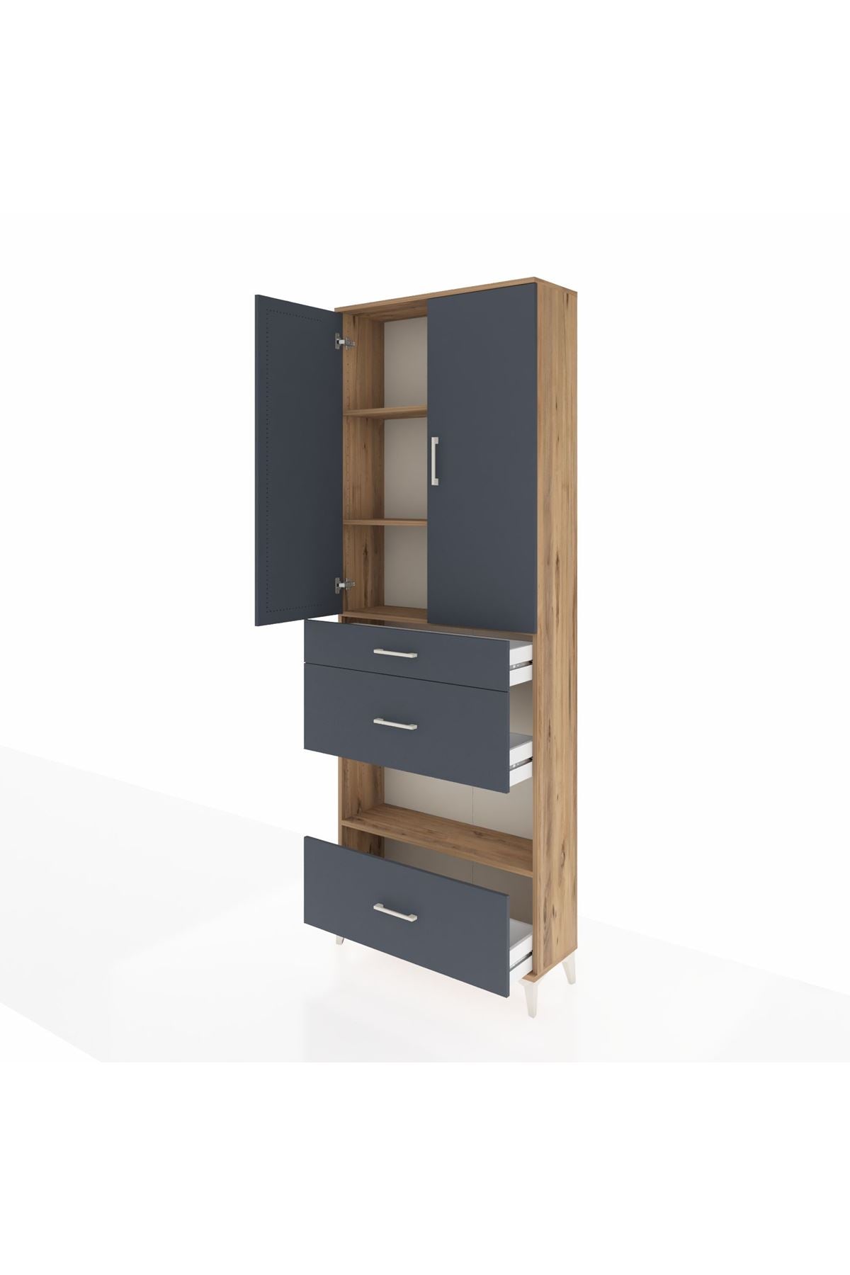 Arges Dolap 4 Raflı 3 Çekmeceli 2 Kapaklı 88x30x243 Çam-Antrasit