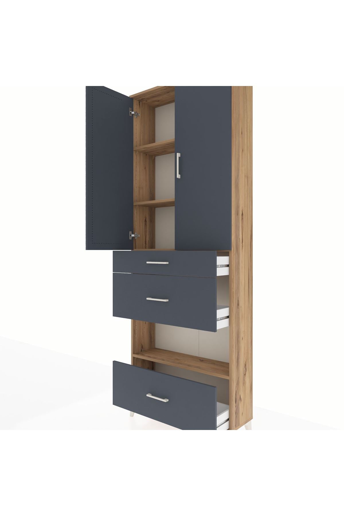 Arges Dolap 4 Raflı 3 Çekmeceli 2 Kapaklı 88x30x243 Çam-Antrasit