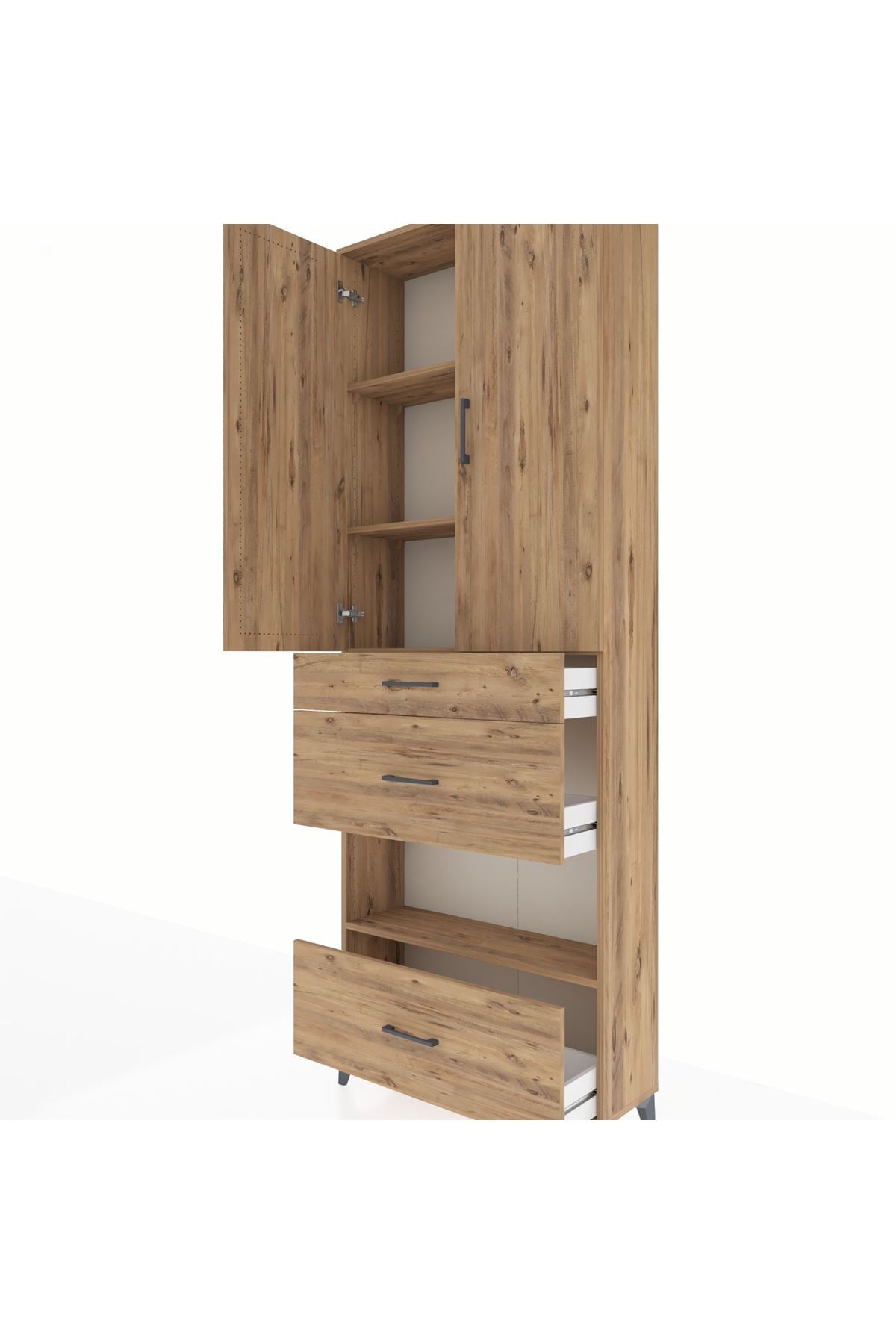 Arges Dolap 4 Raflı 3 Çekmeceli 2 Kapaklı 88x30x243 Çam-Çam