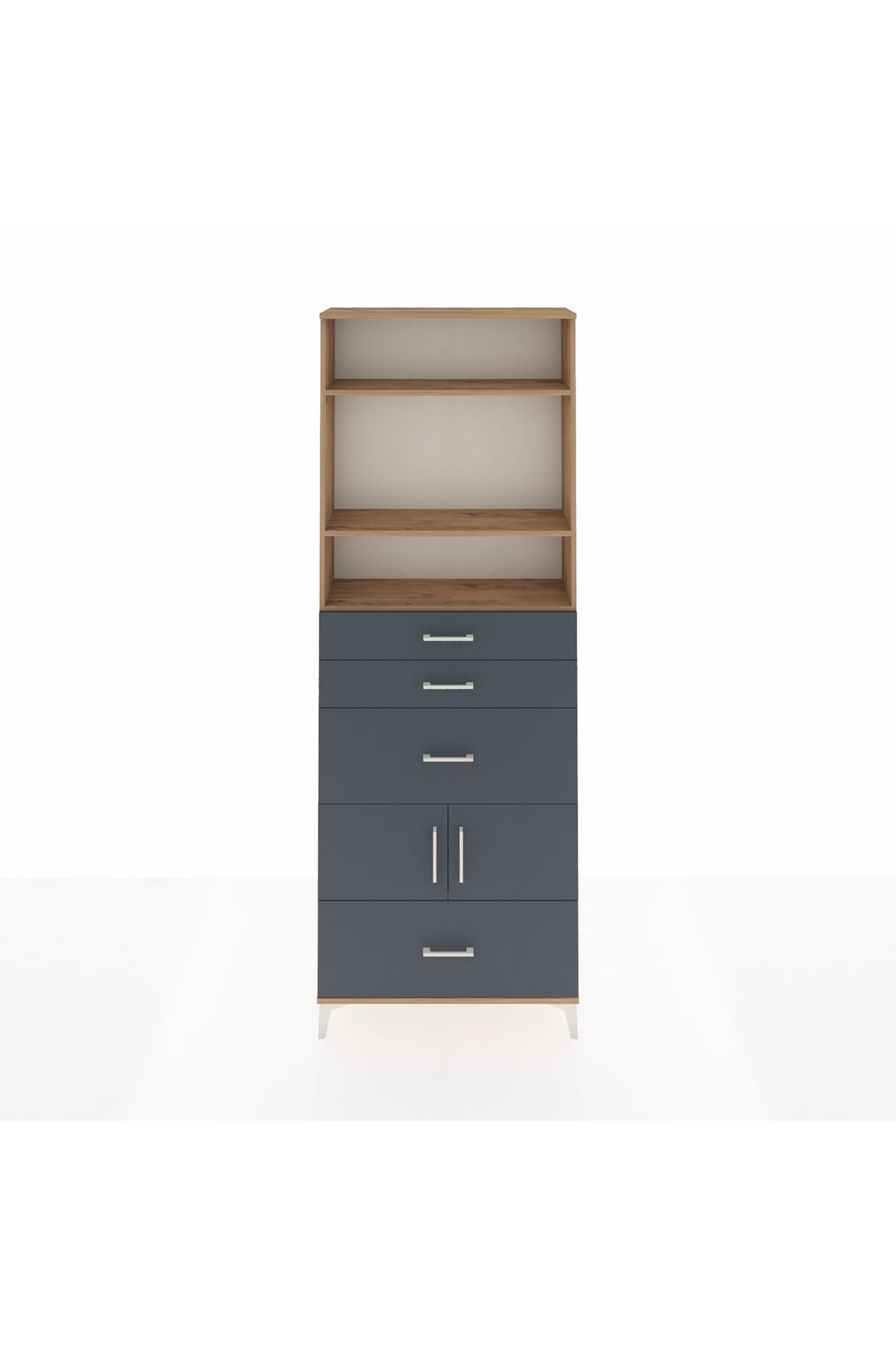 Arges Dolap 4 Raflı 4 Çekmeceli 2 Kapaklı 88x30x243 Çam-Antrasit