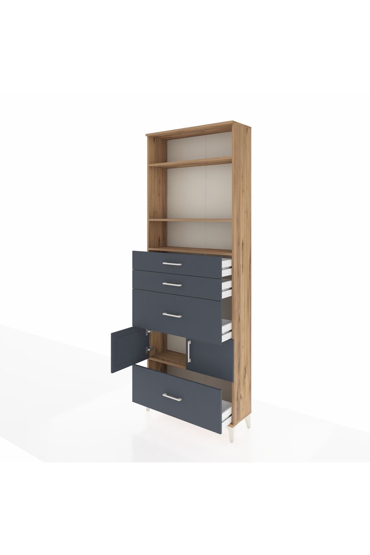 Arges Dolap 4 Raflı 4 Çekmeceli 2 Kapaklı 88x30x243 Çam-Antrasit