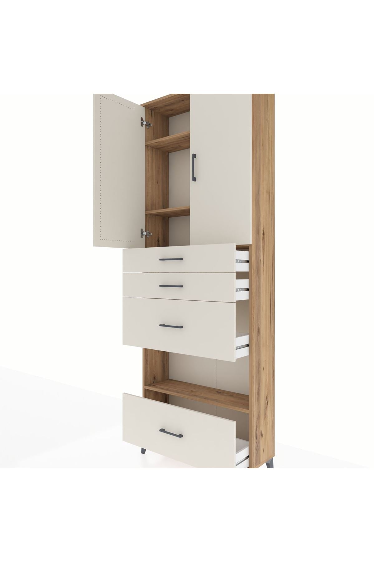 Arges Dolap 4 Raflı 4 Çekmeceli 2 Kapaklı 88x30x243 Çam-Aytaşı