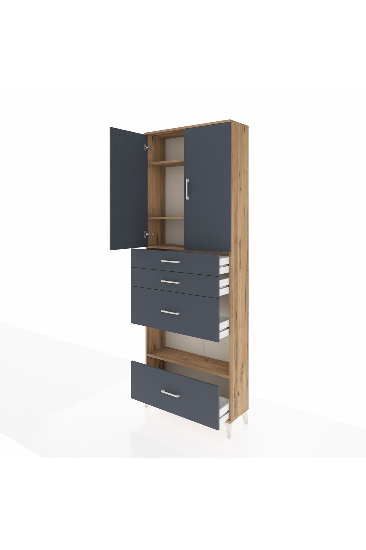 Arges Dolap 4 Raflı 4 Çekmeceli 2 Kapaklı 88x30x243 Çam-Antrasit