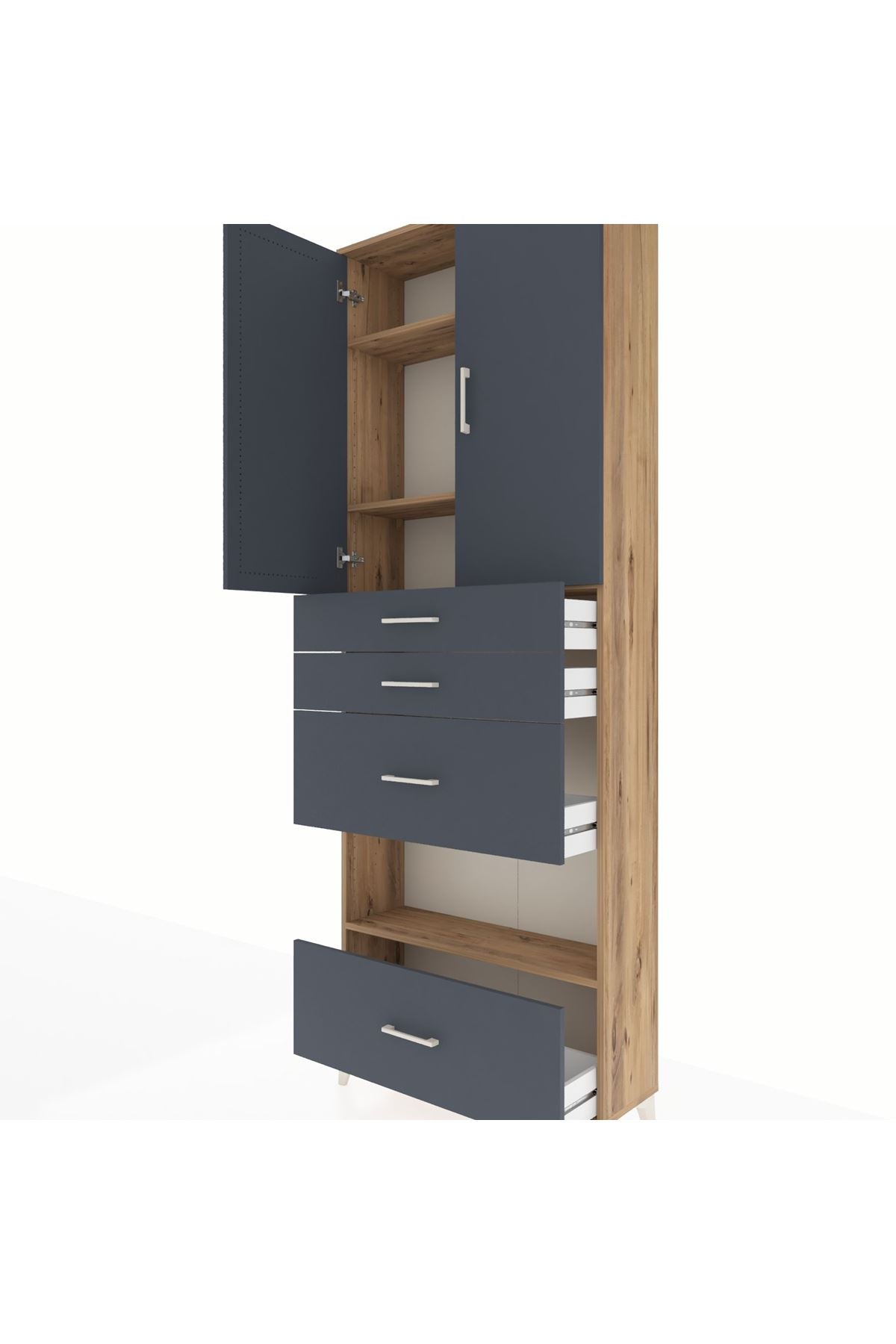 Arges Dolap 4 Raflı 4 Çekmeceli 2 Kapaklı 88x30x243 Çam-Antrasit