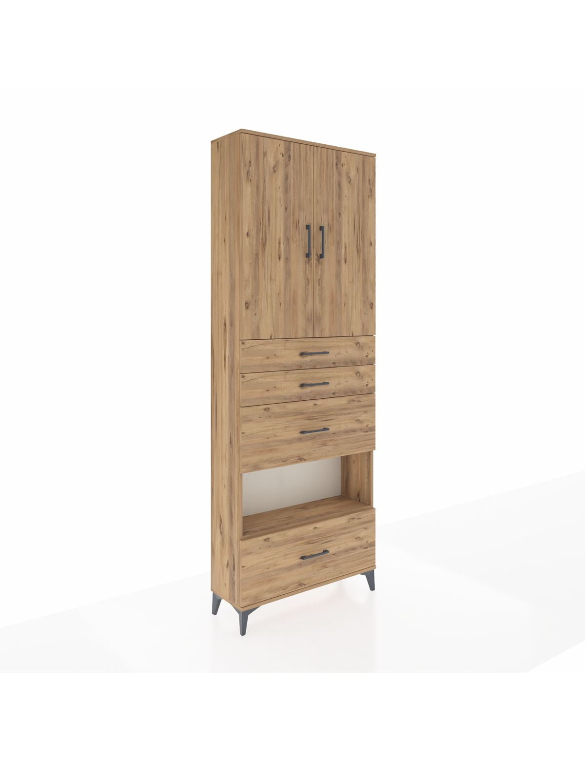 Arges Dolap 4 Raflı 4 Çekmeceli 2 Kapaklı 88x30x243 Çam-Çam