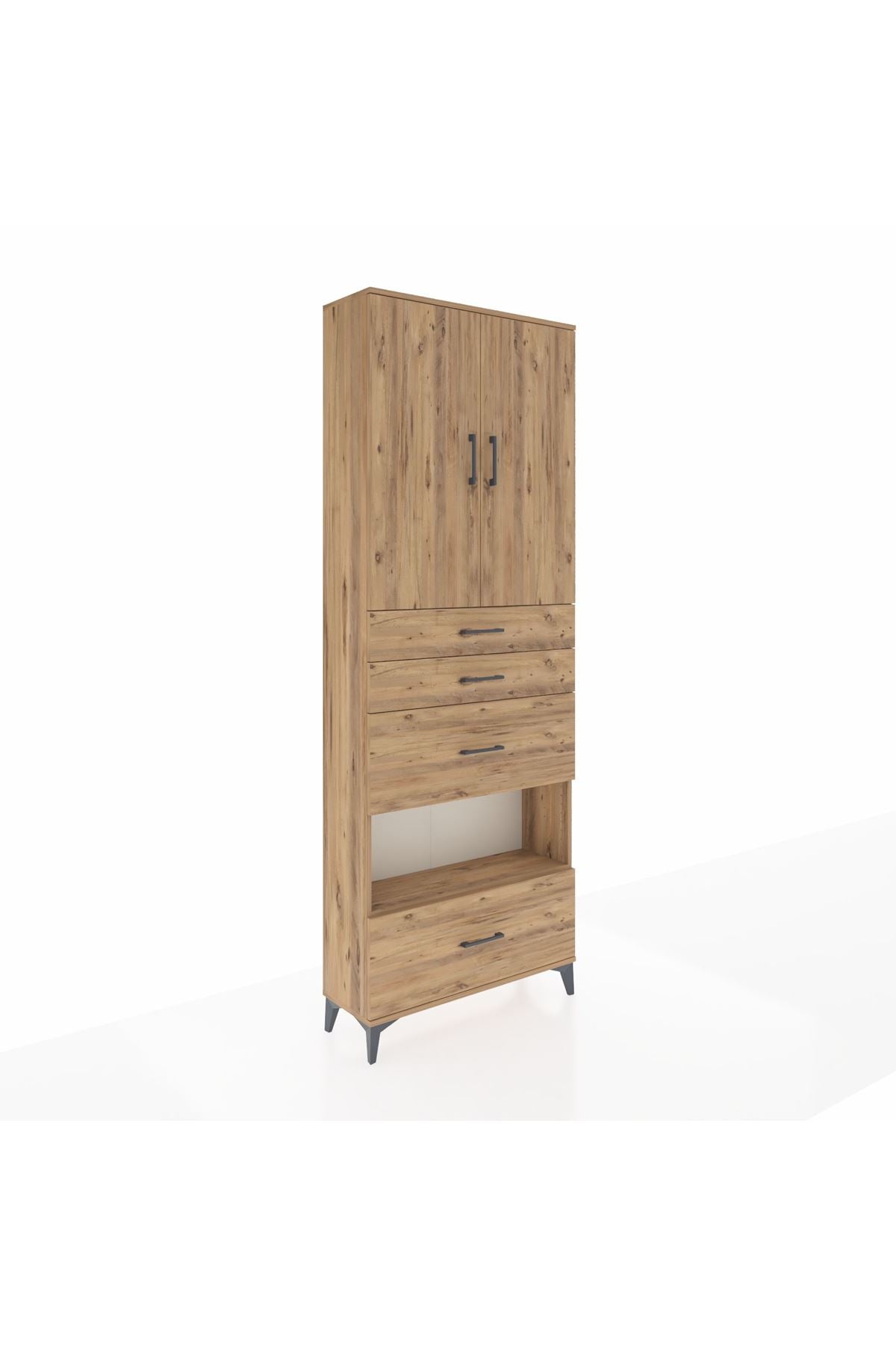 Arges Dolap 4 Raflı 4 Çekmeceli 2 Kapaklı 88x30x243 Çam-Çam