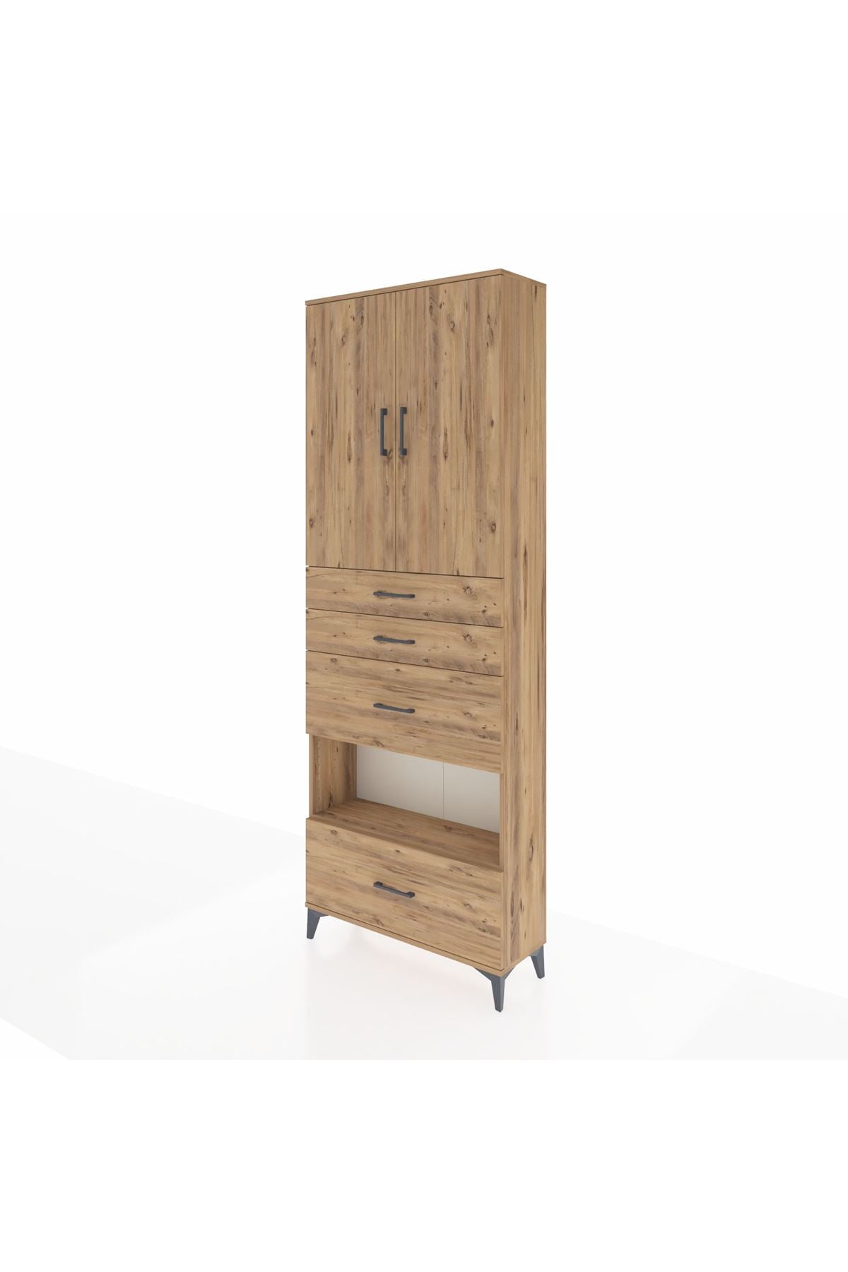 Arges Dolap 4 Raflı 4 Çekmeceli 2 Kapaklı 88x30x243 Çam-Çam